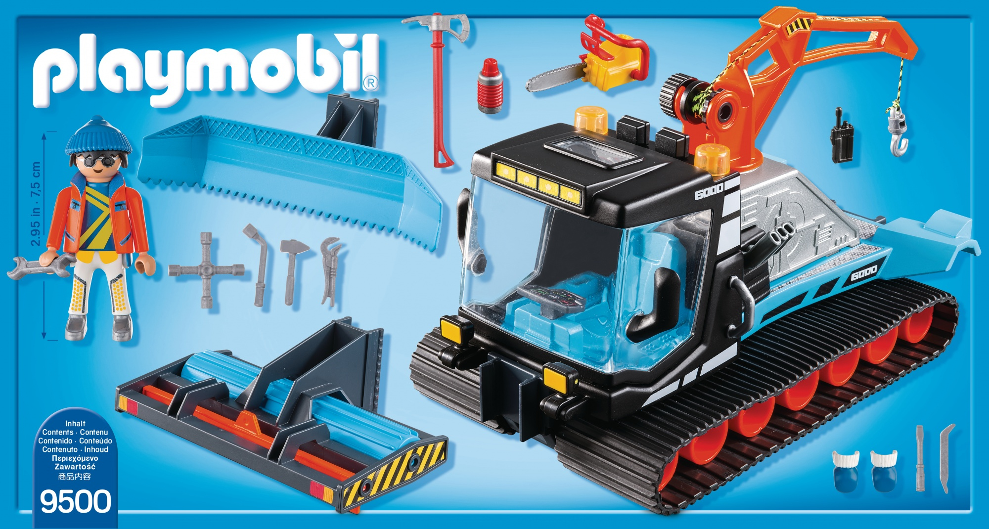 Zestaw konstrukcyjny Playmobil. Zawiera dźwig, figurkę pracownika, narzędzia i akcesoria. Zestaw znajduje się na niebieskim tle.