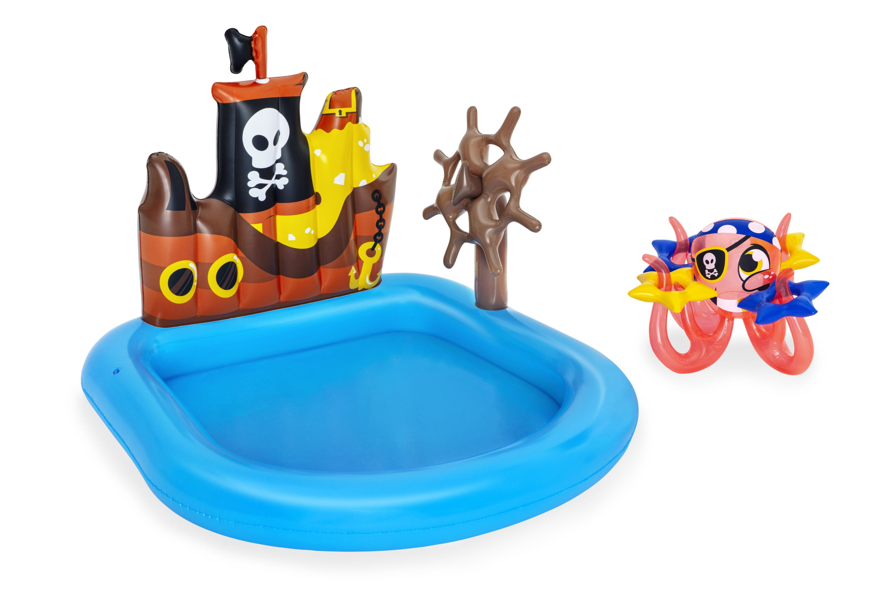 Ein blaues Kinderbecken mit Piratenschiff, Oktopus-Schwimmer und Steuerrad.