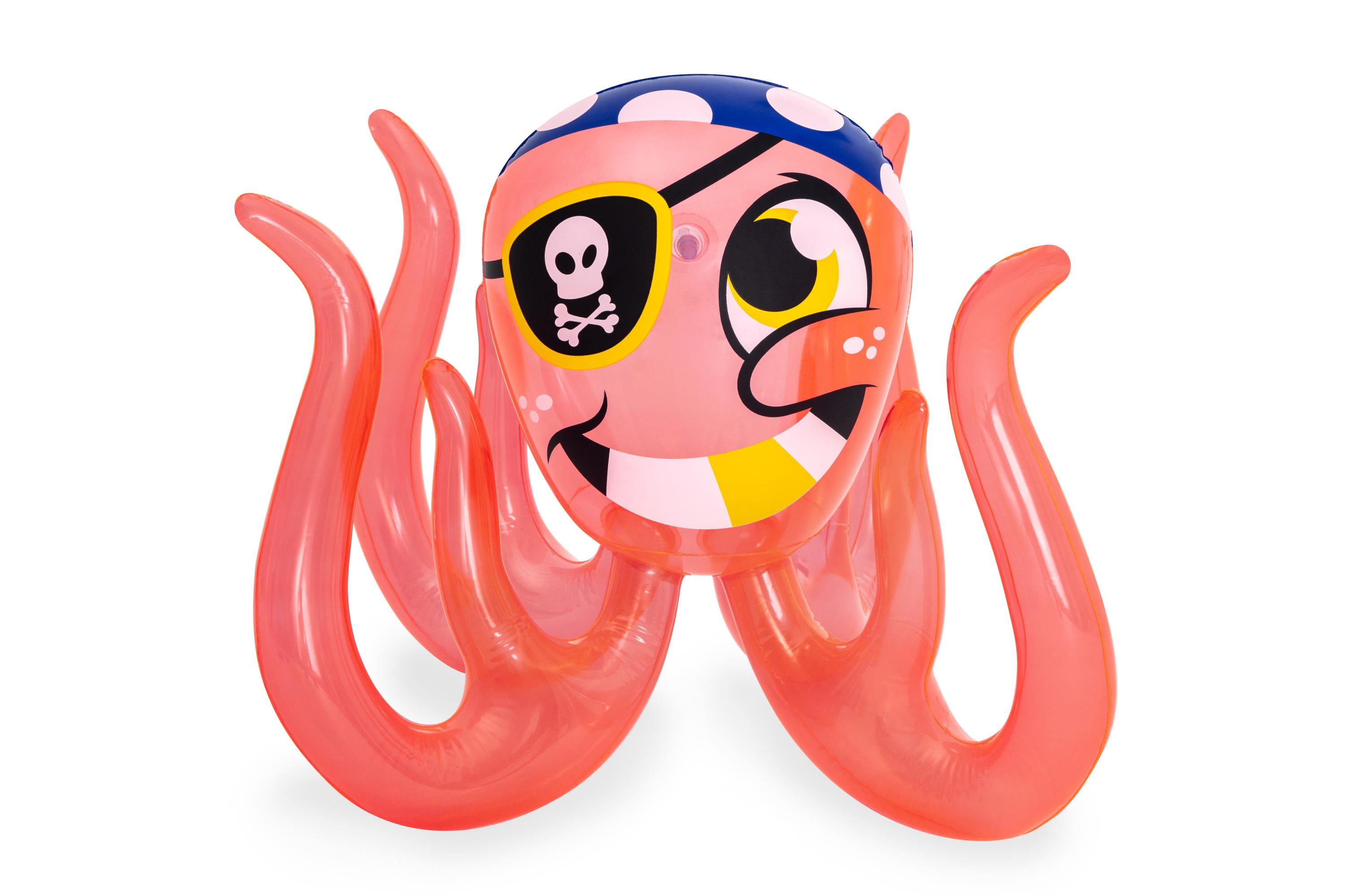 Aufblasbarer Oktopus mit Piratenmotiv. Rosa Körper, blaues und weißes Bandana, schwarze Augenklappe mit Totenkopf.