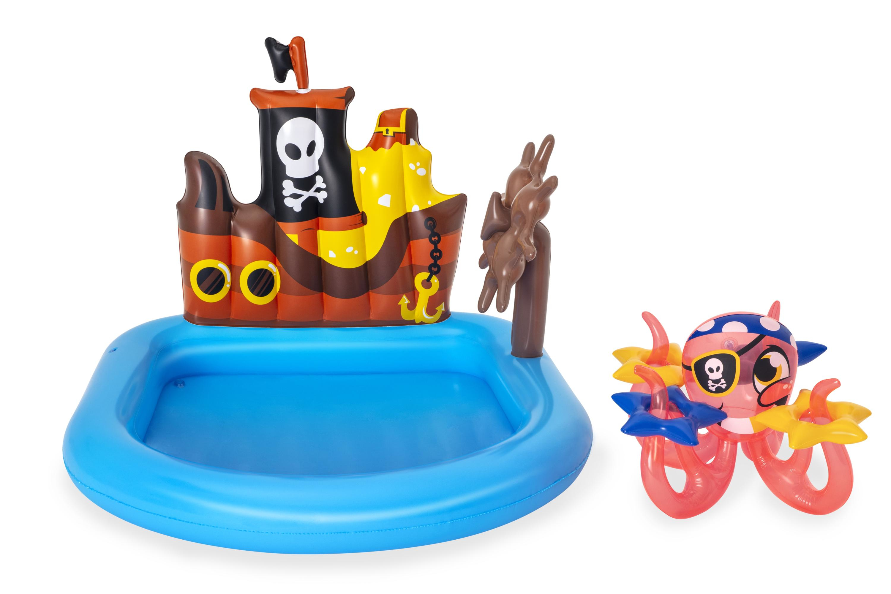 Aufblasbarer Piratenschiff-Pool mit Oktopus-Schwimmer. Schiff hat Totenkopf. Oktopus hat Augenklappe.