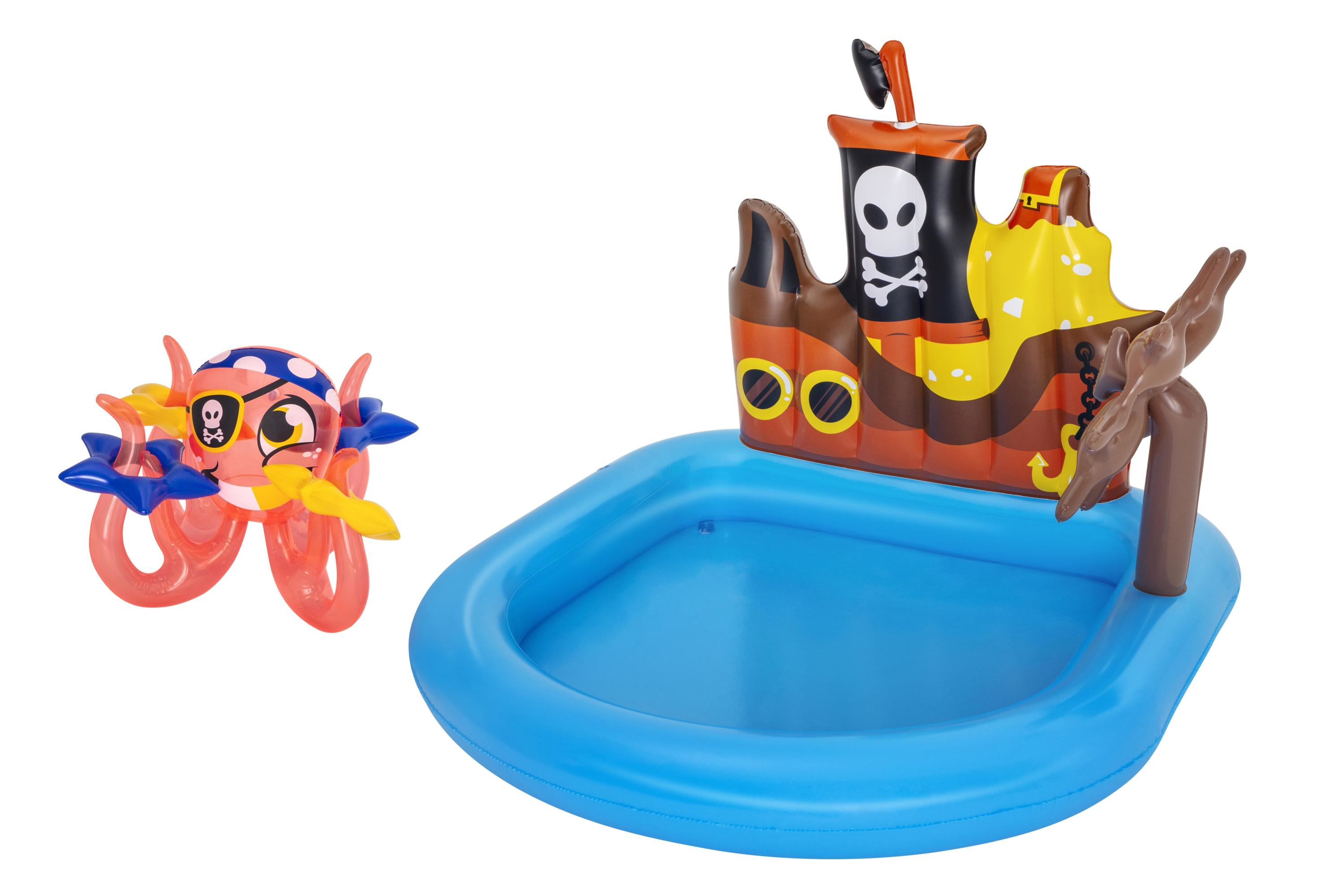 Aufblasbarer Piratenschiff-Pool mit Oktopus-Spielzeug. Blauer Pool, braunes Schiff, Oktopus mit Augenklappe.