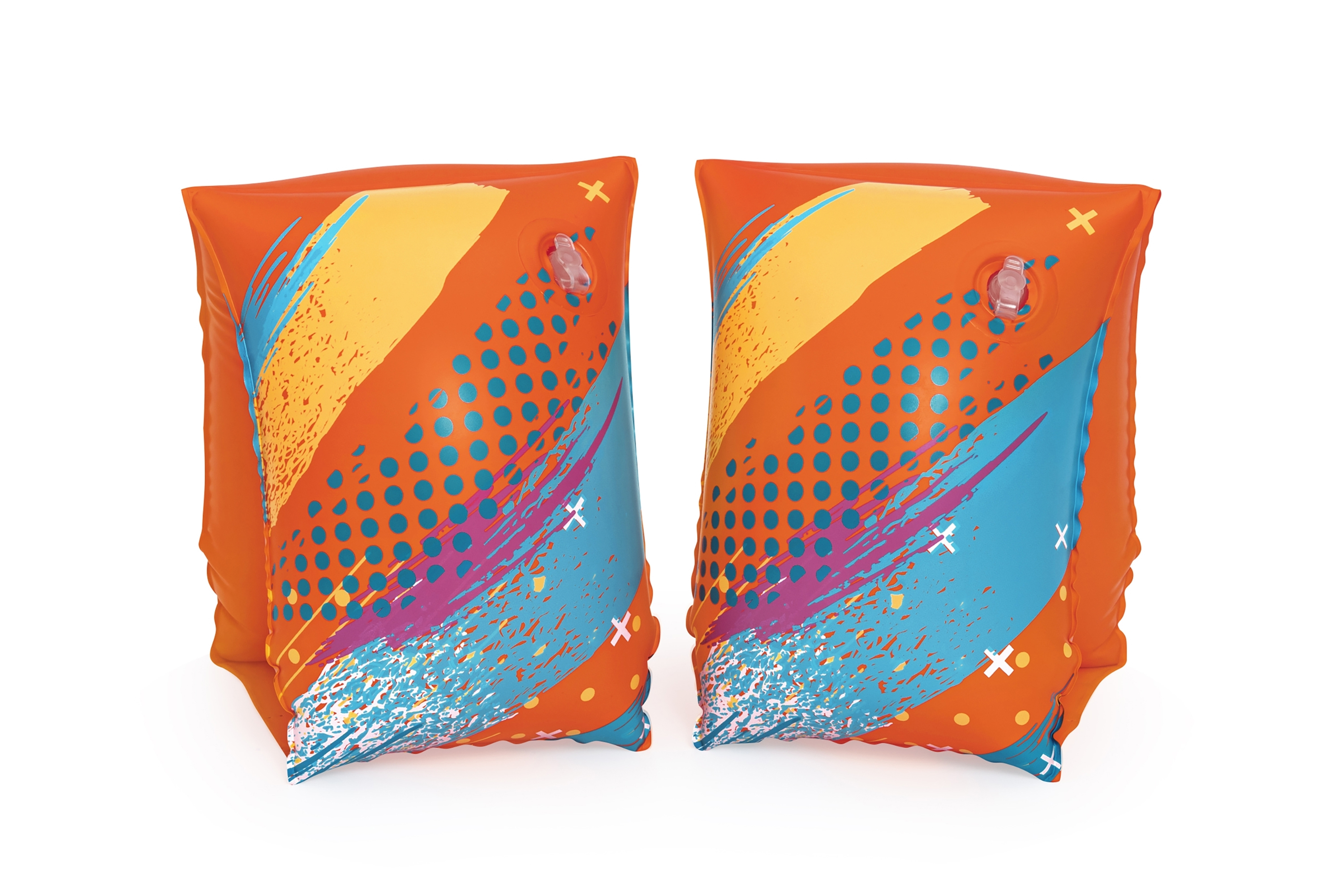 Zwei orangefarbene Schwimmflügel mit bunten Designs, darunter blaue, gelbe und lila Muster, auf weißem Hintergrund.