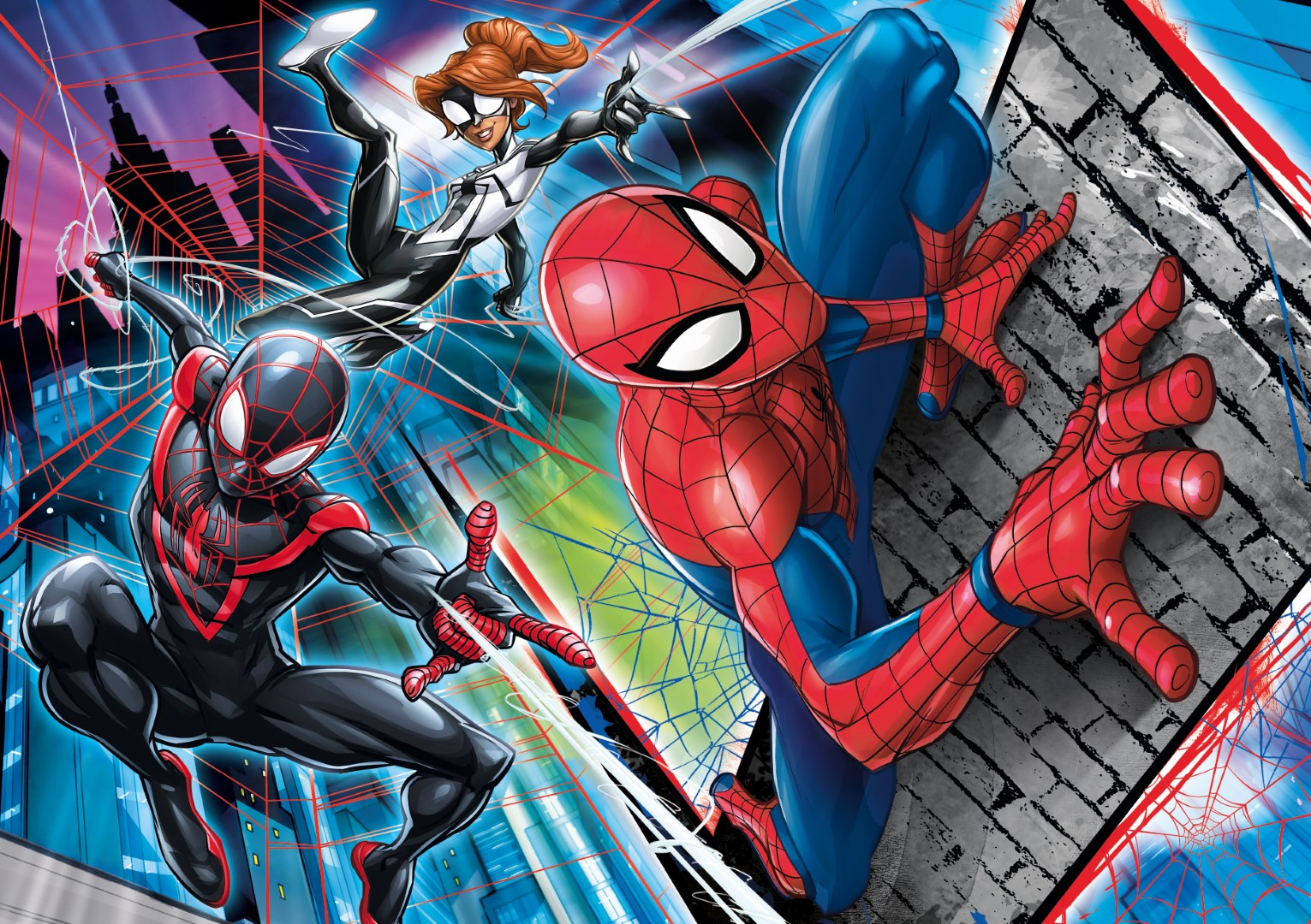 Spider-Man, Miles Morales e Spider-Woman in azione. Sfondo della città con disegni di ragnatele. Stile fumetto con colori vivaci.