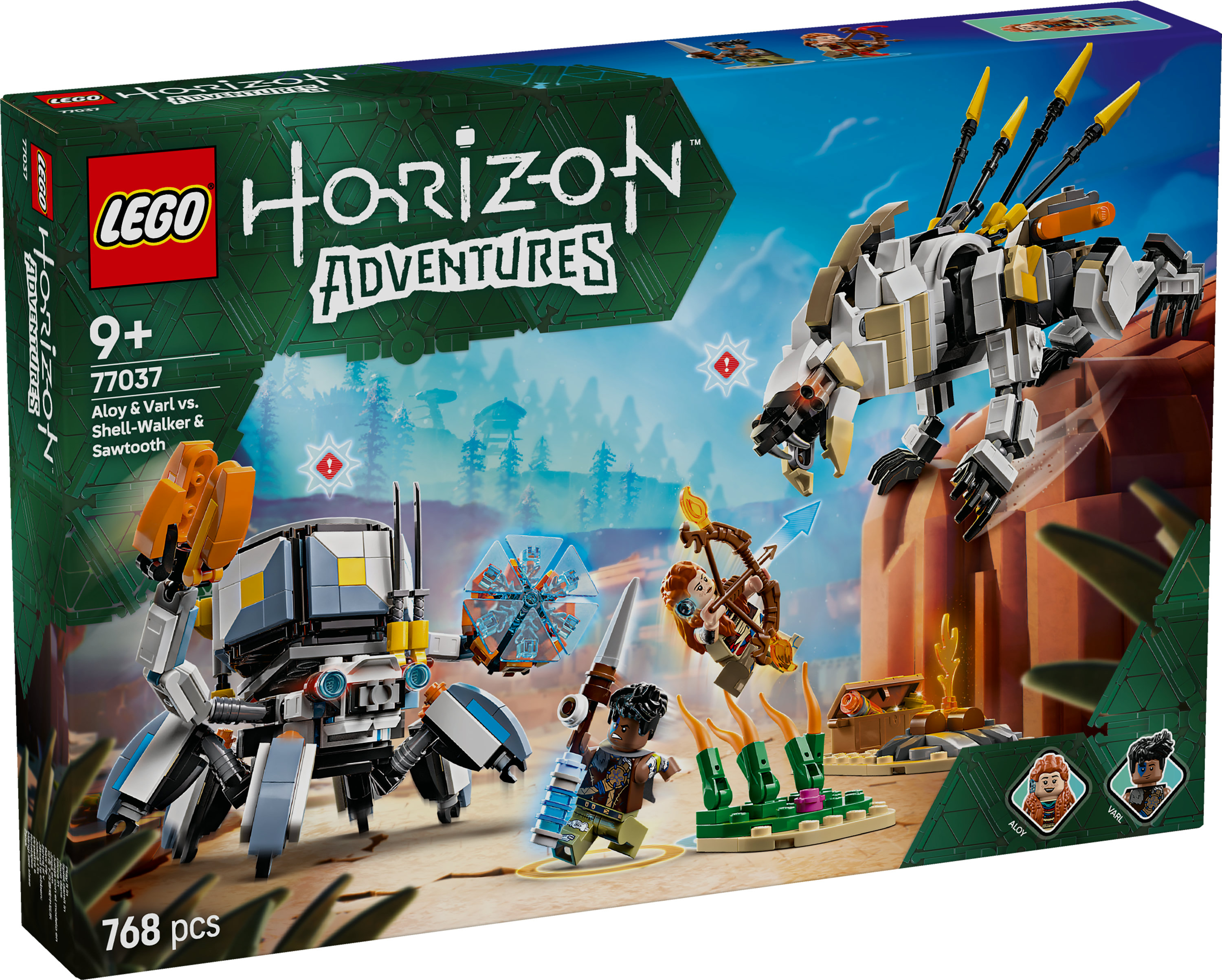 Lego-Box-Art zeigt Aloy, Varl, einen Shell-Walker und einen Sägezahn. Die Szene zeigt eine Schlacht auf felsigem Gelände.
