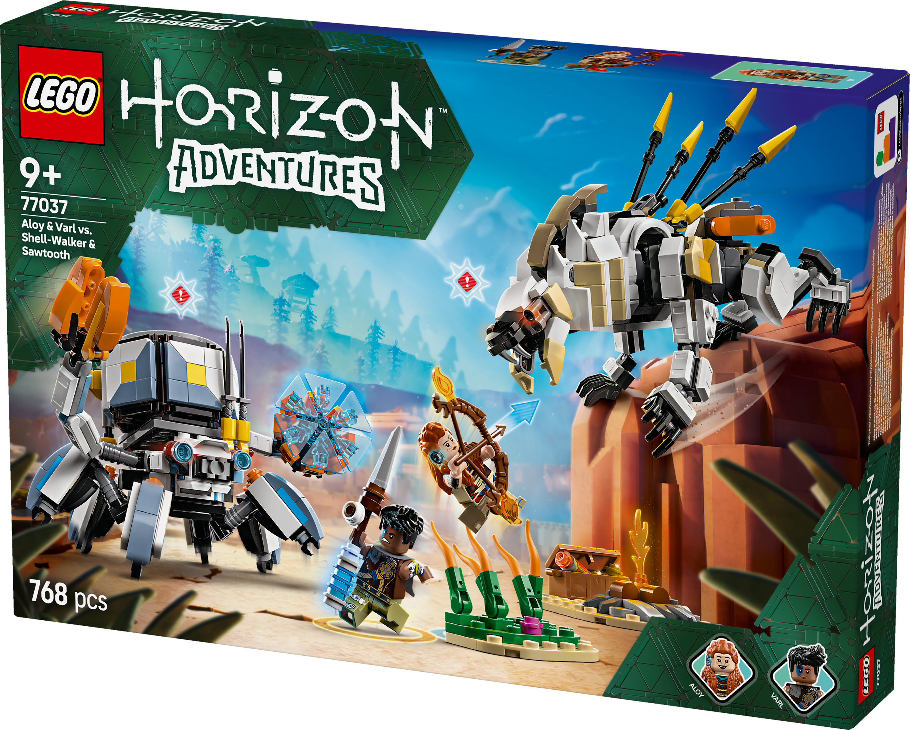Lego-Box-Art. Aloy und Varl vs. Shell-Walker & Sawtooth. Figuren bekämpfen Maschinenkreaturen in einer Wüstenumgebung.