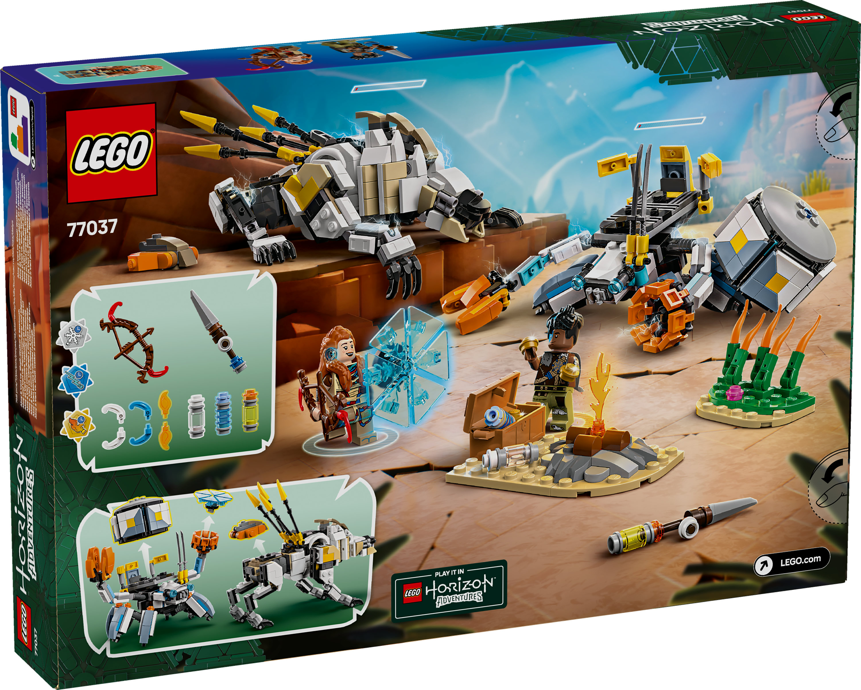 Lego-Box mit Lego-Figuren und Maschinen in einer Wüstenlandschaft, einschließlich des Horizon Adventures-Logos.