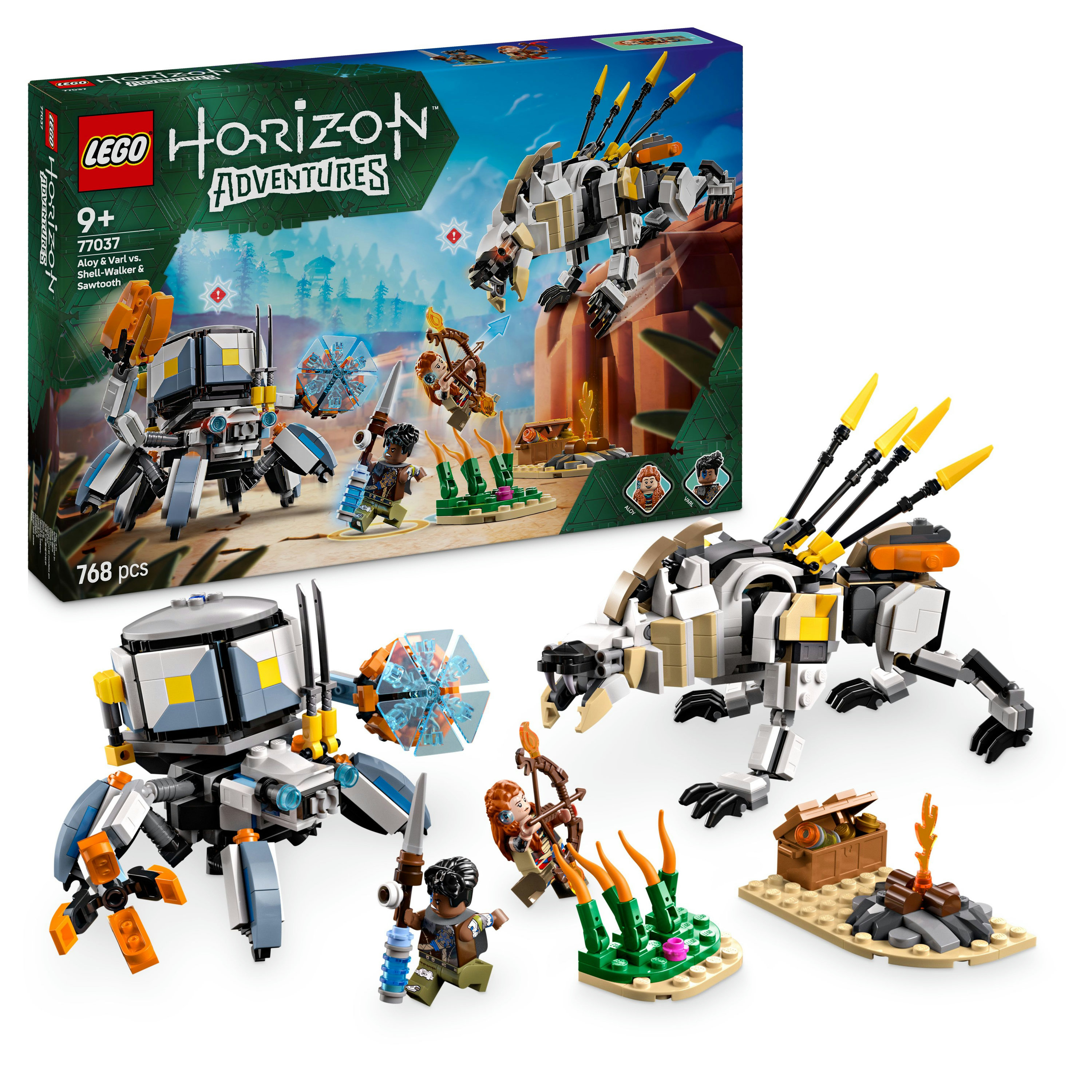 LEGO-Set: Horizon Adventures. Enthält Charaktere und Maschinen. Die Box enthält Bilder von Figuren und Kreaturen.