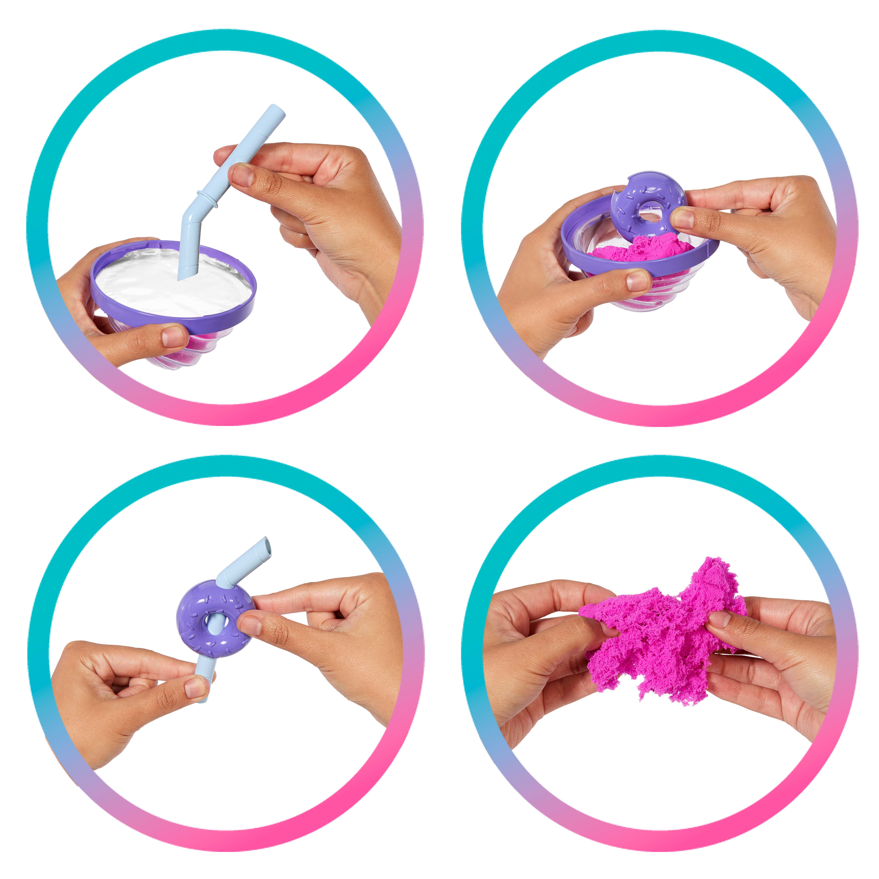 Cztery obrazy pokazują kroki dla zabawki: napój ze słomką, pokrywka w kształcie pączka, pokrywka ze słomką i różowy piasek.