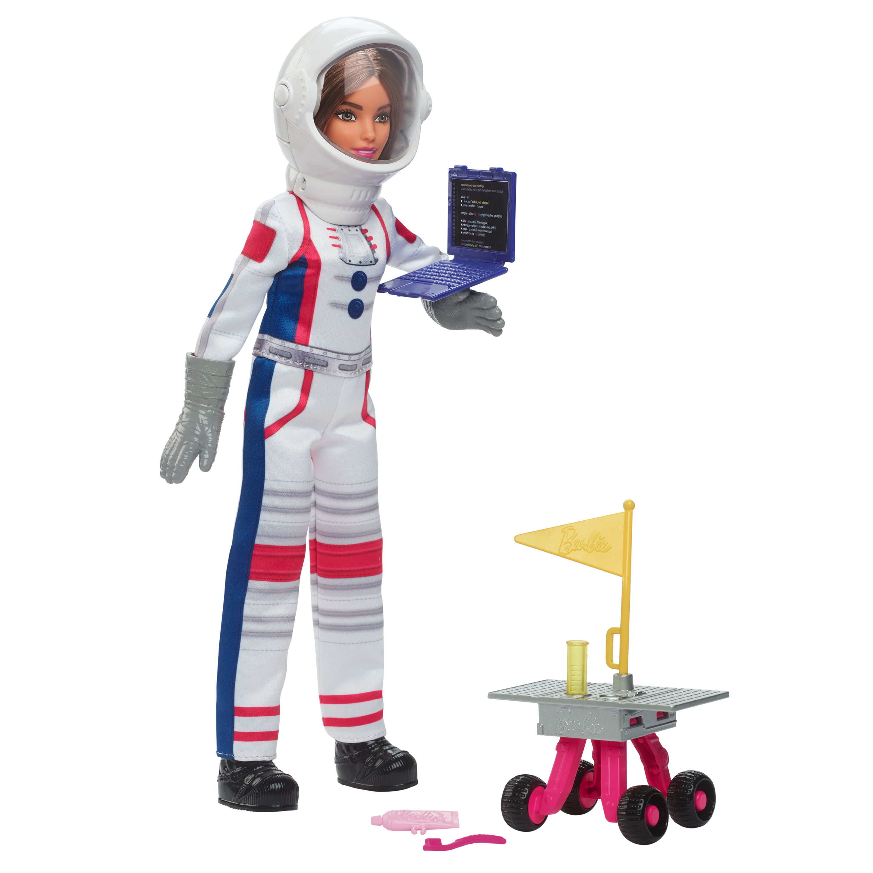 Lalka Barbie astronautka z laptopem, obok rovera z flagą. Akcesoria: szczoteczka do zębów.