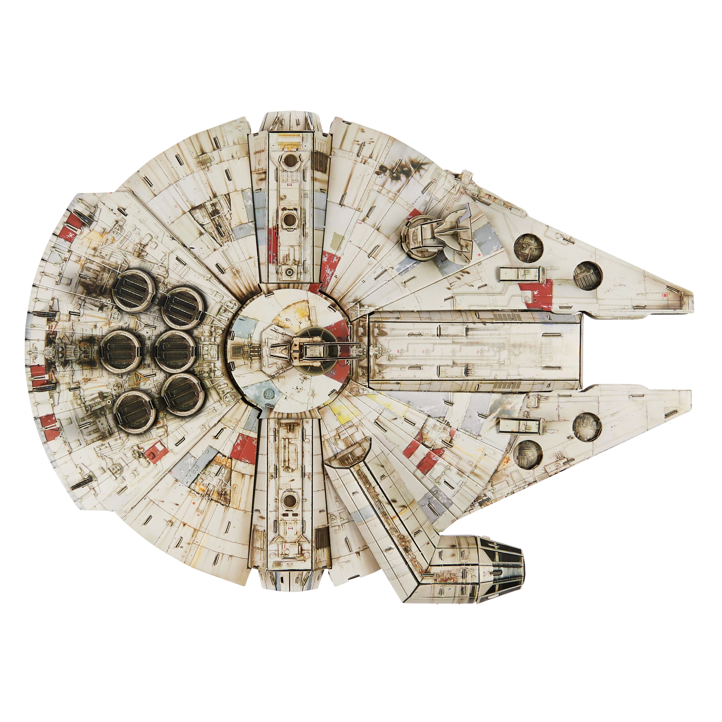 Szczegółowy model statku kosmicznego Millennium Falcon. Ma jasnoszary kolor z różnymi panelami i detalami.