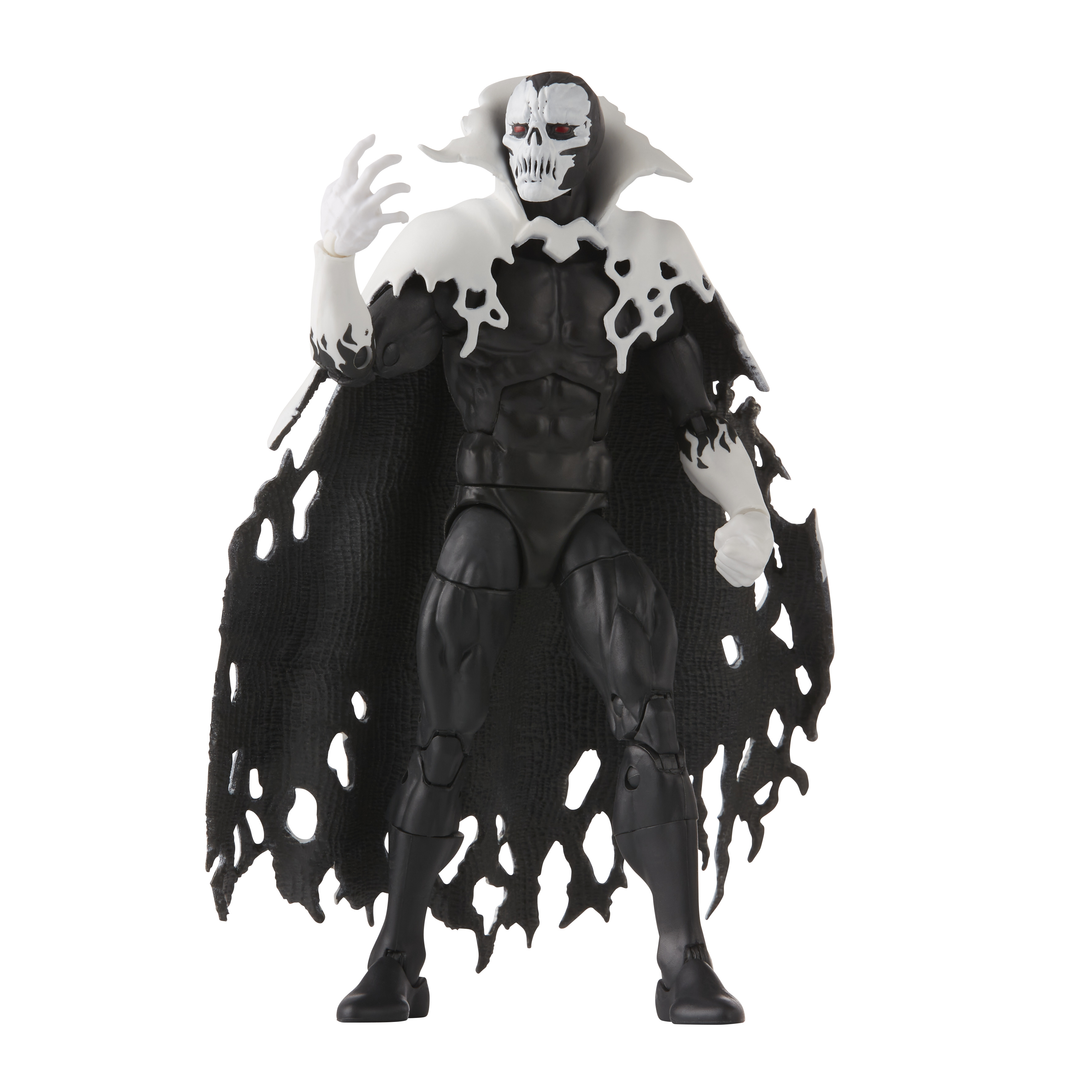 Action figure di un personaggio con volto a teschio, abito nero e mantello strappato, su sfondo bianco.