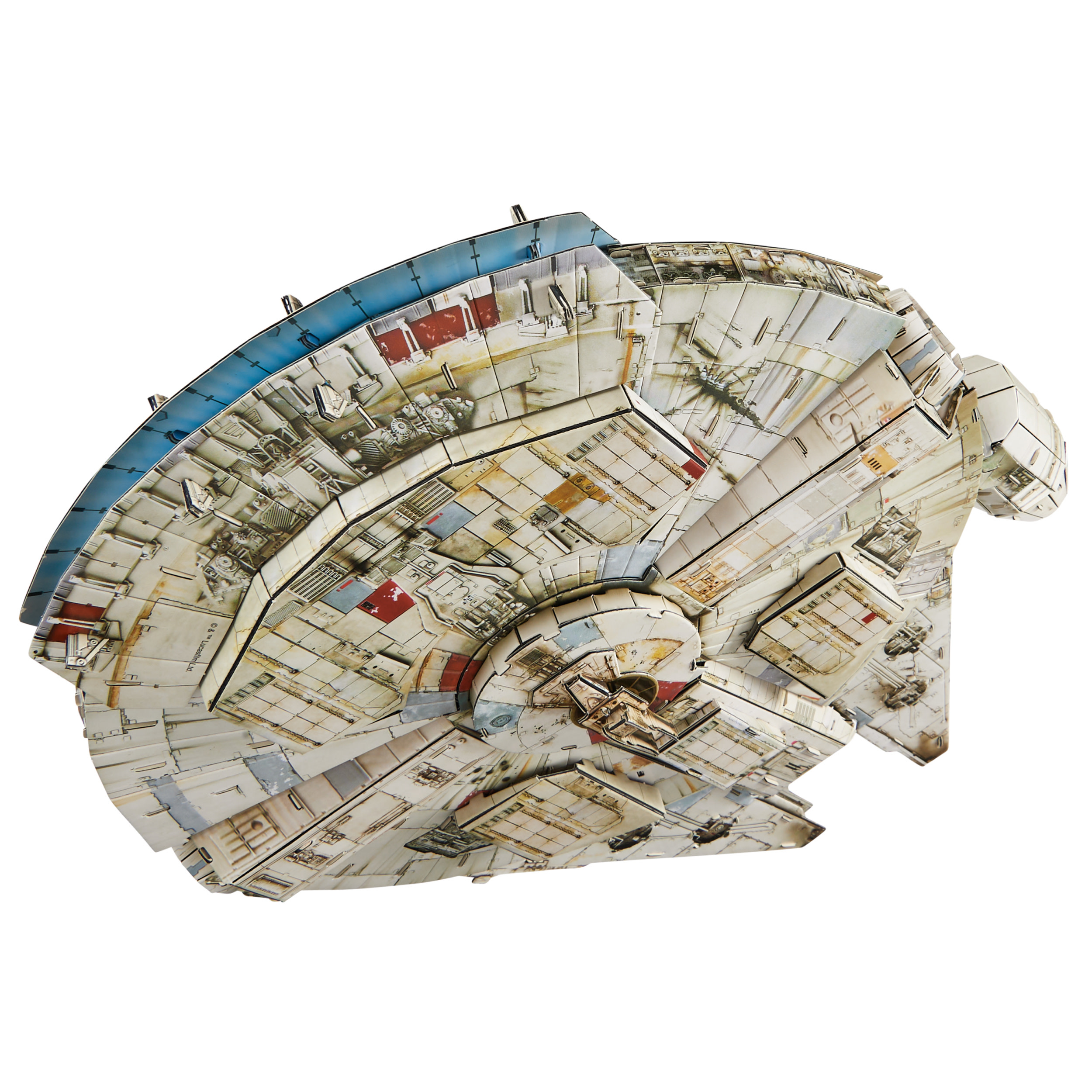 Szczegółowy model statku kosmicznego Millennium Falcon, z panelami, kolorami i niebieskim fragmentem na górze.