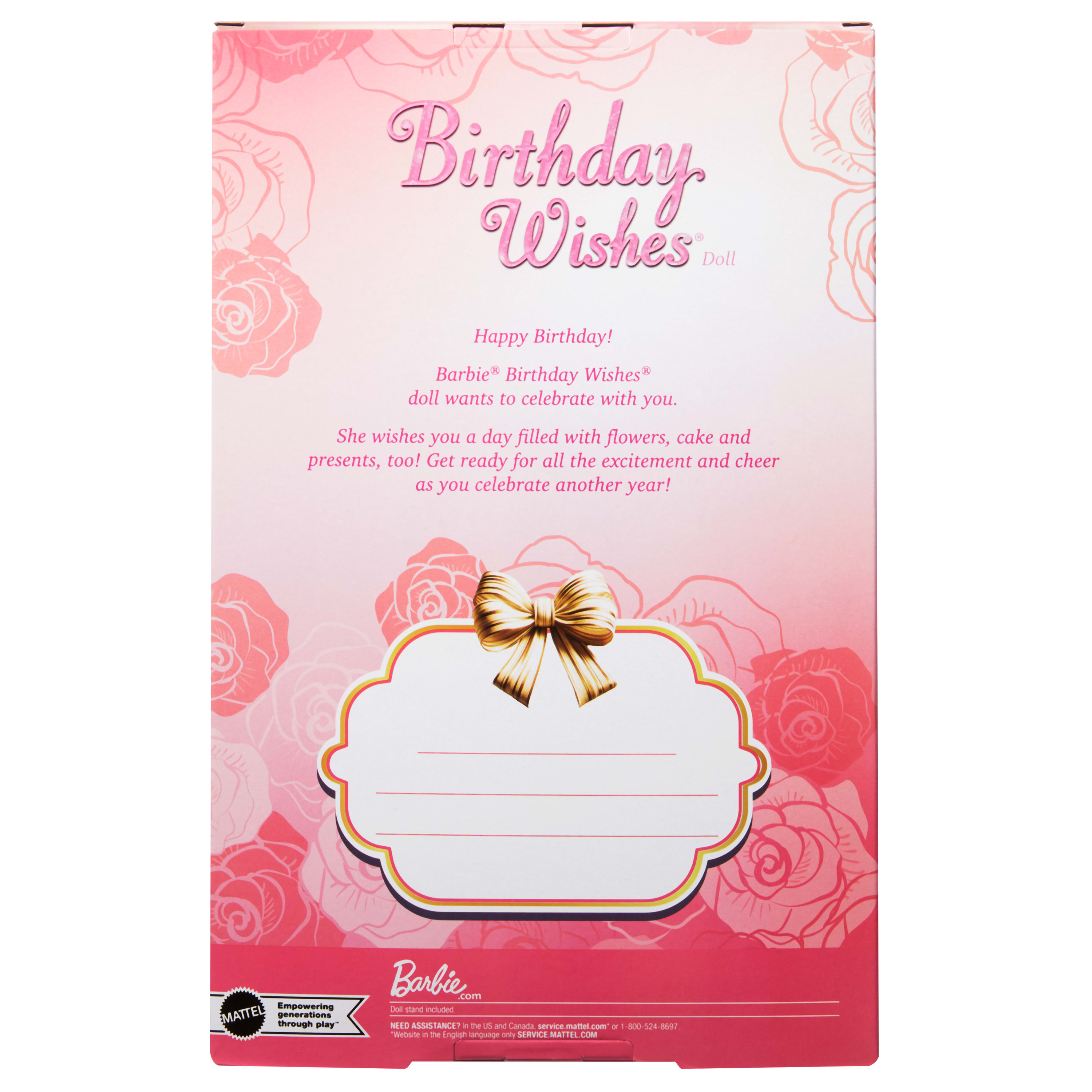 Rosa Hintergrund mit Rosen. Text: Geburtstagswünsche. Goldene Schleife und ein leerer Bereich. Barbie-Logo unten.