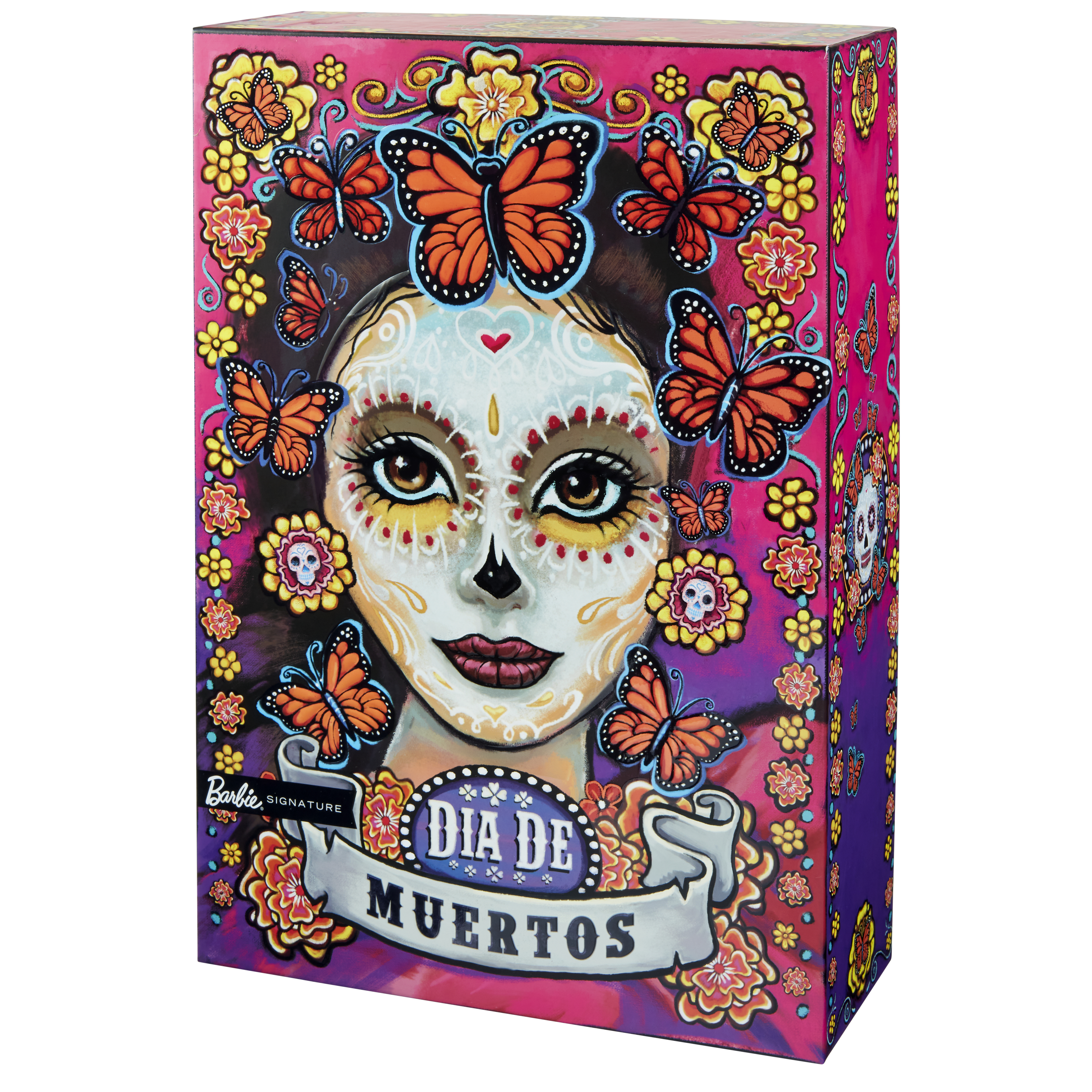 Auf der Verpackung ist ein bemaltes Gesicht im Dia de Muertos-Stil abgebildet, umgeben von Blumen und Schmetterlingen in Pink und Lila.