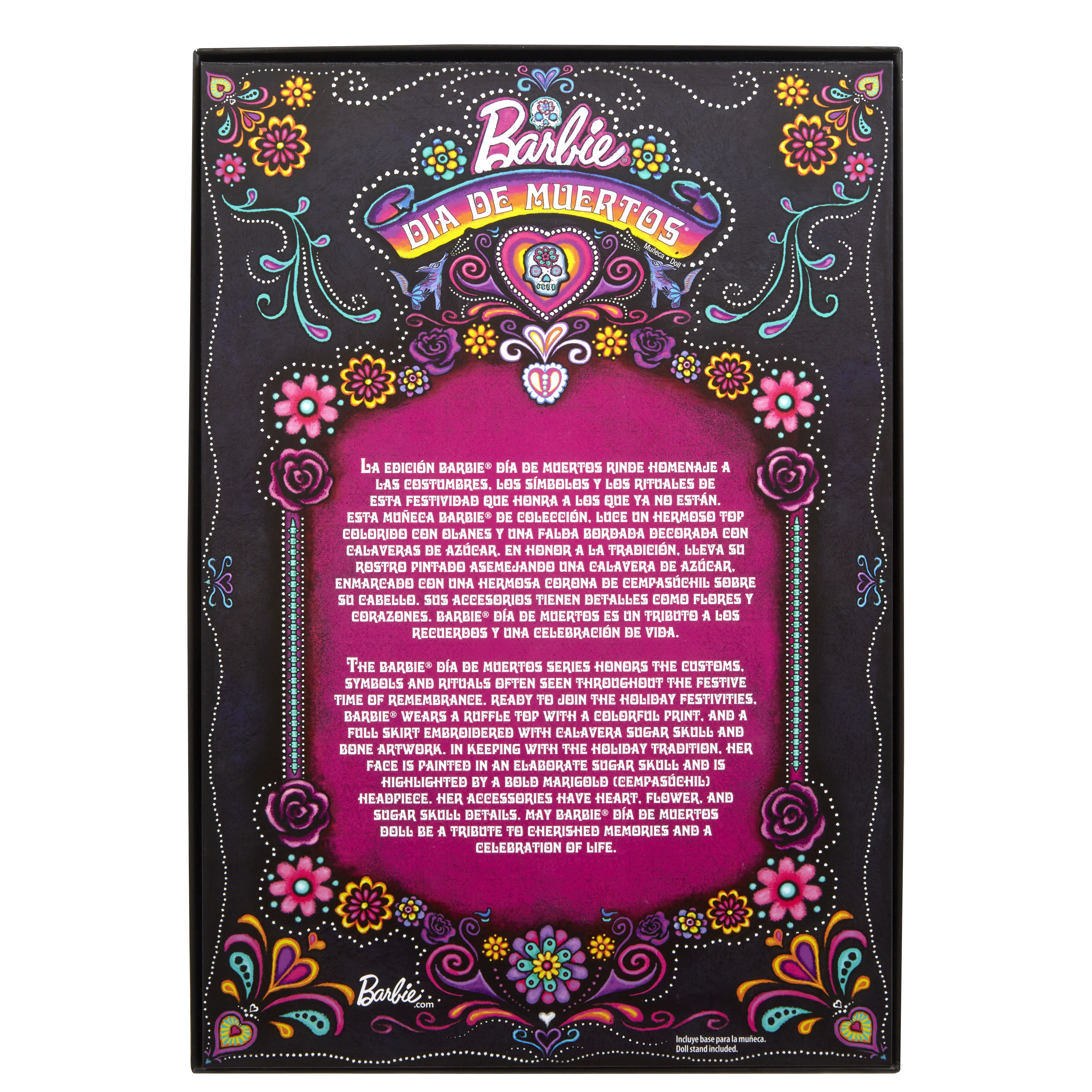 Grafika pudełka dla lalki Barbie Dia de Muertos. Ma kolorowe wzory kwiatowe i tekst.