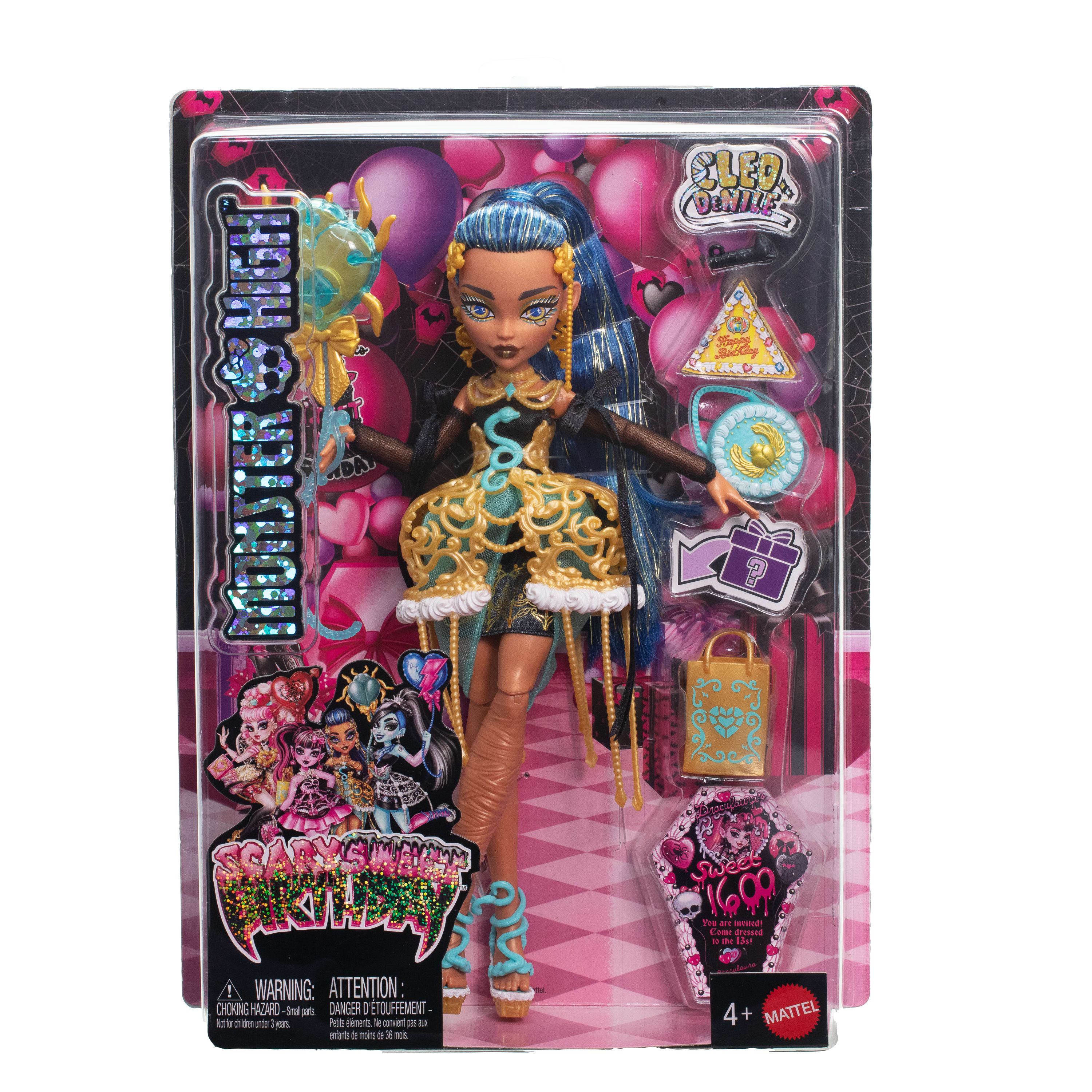 Eine Monster High-Puppe in der Verpackung. Die Puppe hat blaue Haare und ein gold-schwarzes Kleid.