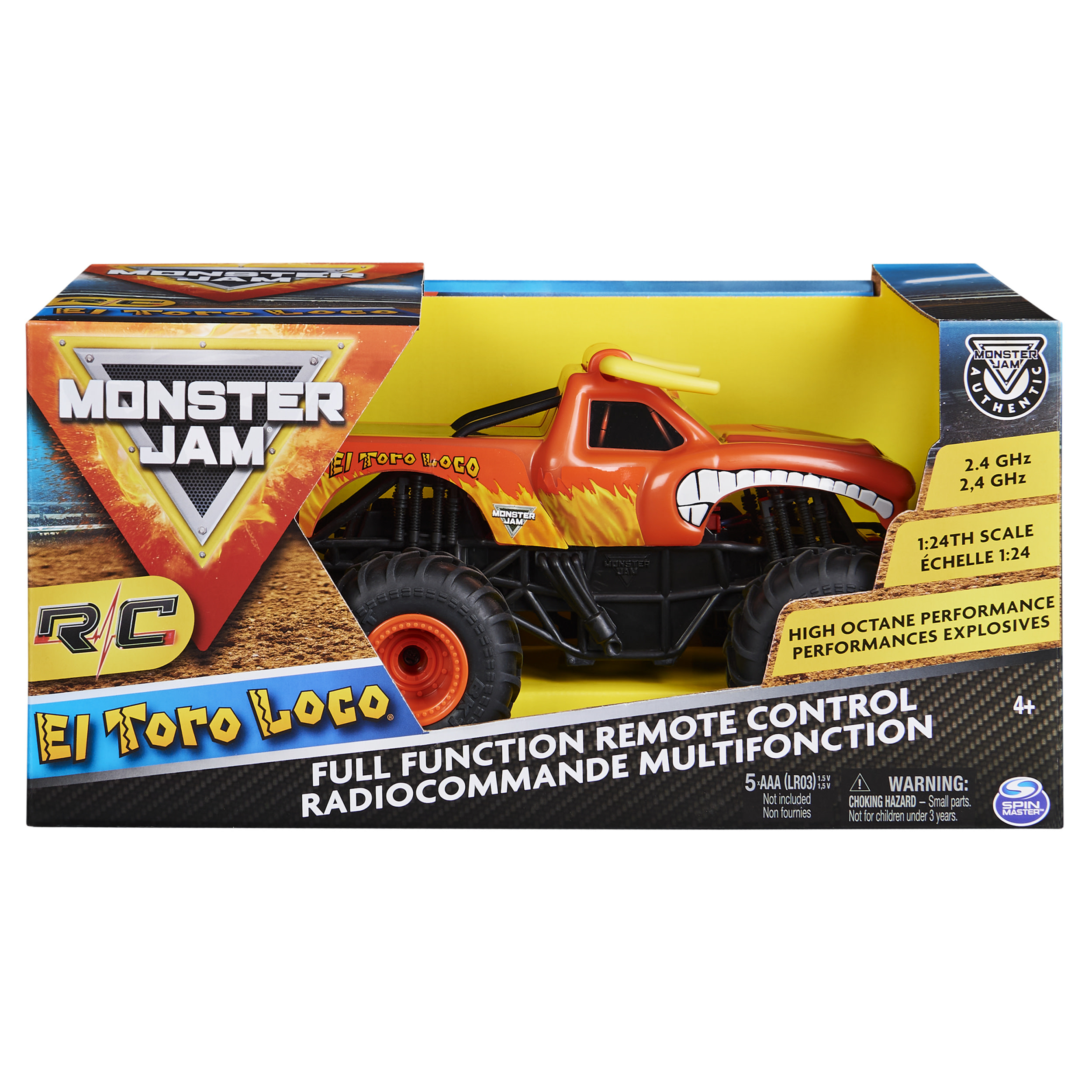 Coche RC Monster Jam El Toro Loco en su caja. Camión naranja, ruedas negras, cuernos amarillos y llamas.