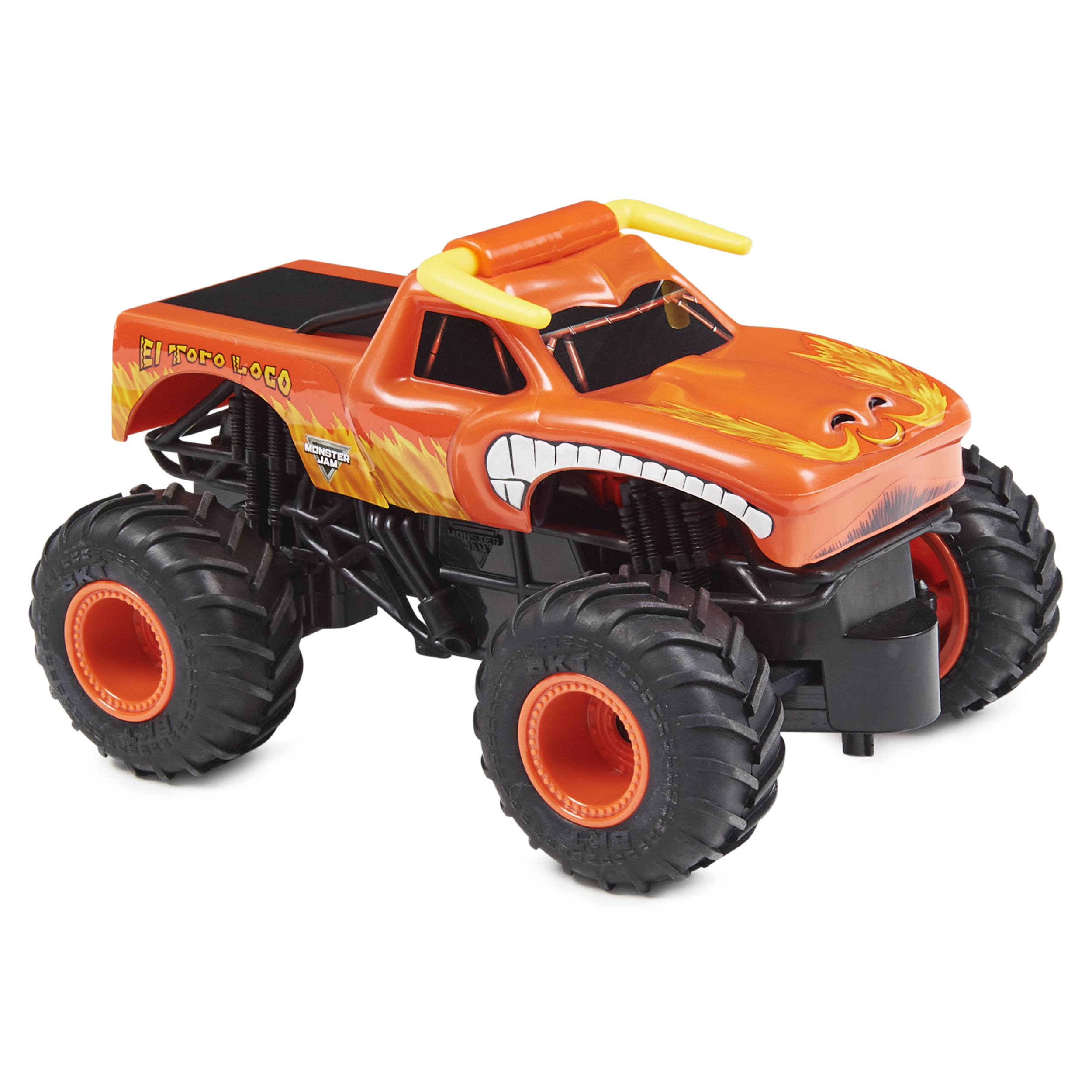 Un camión monstruo de juguete naranja con neumáticos grandes. Tiene un diseño de toro y 'El Toro Loco' escrito.