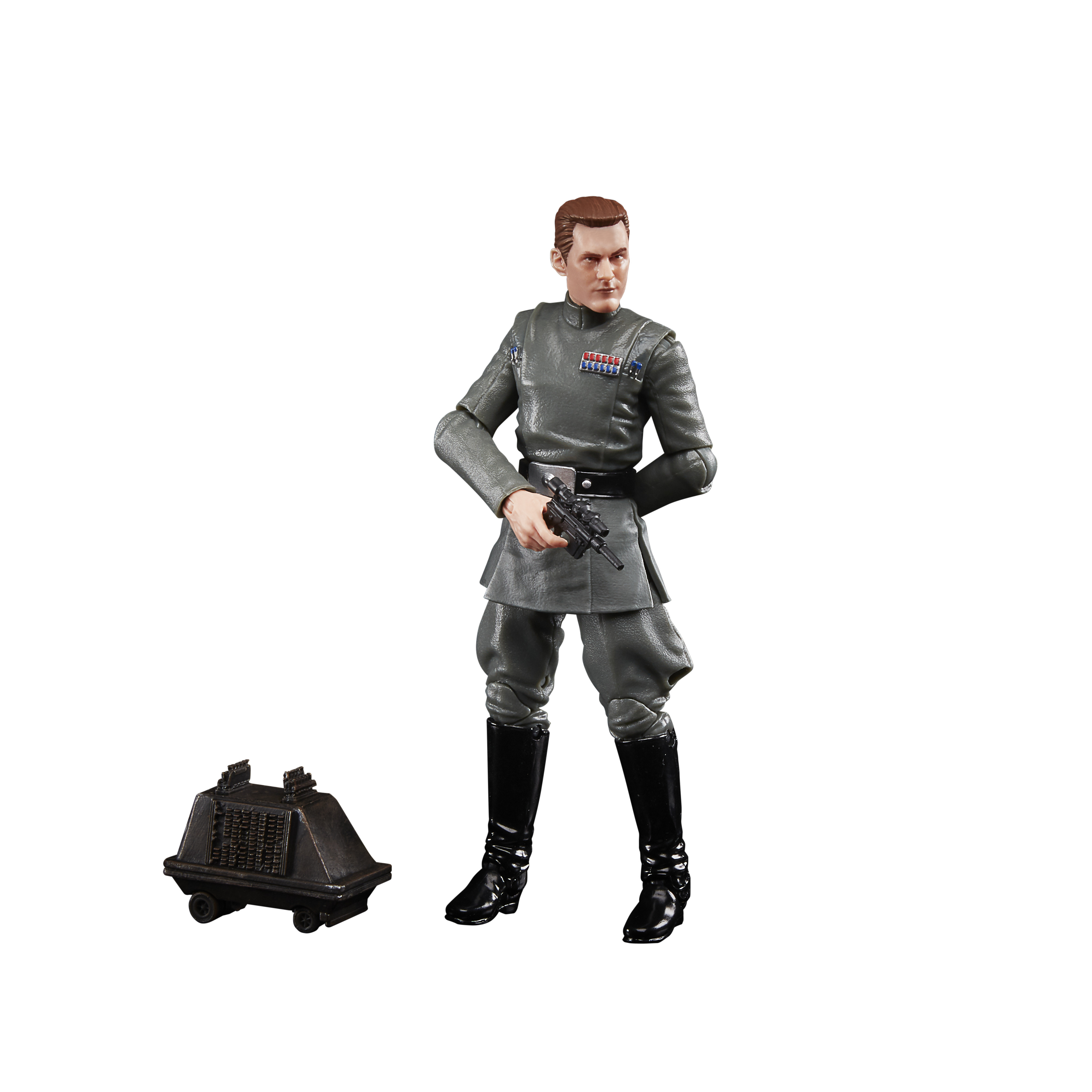 Star Wars-Figur eines imperialen Offiziers in grauer Uniform, mit Blaster und kleinem schwarzen Droiden auf Rädern.