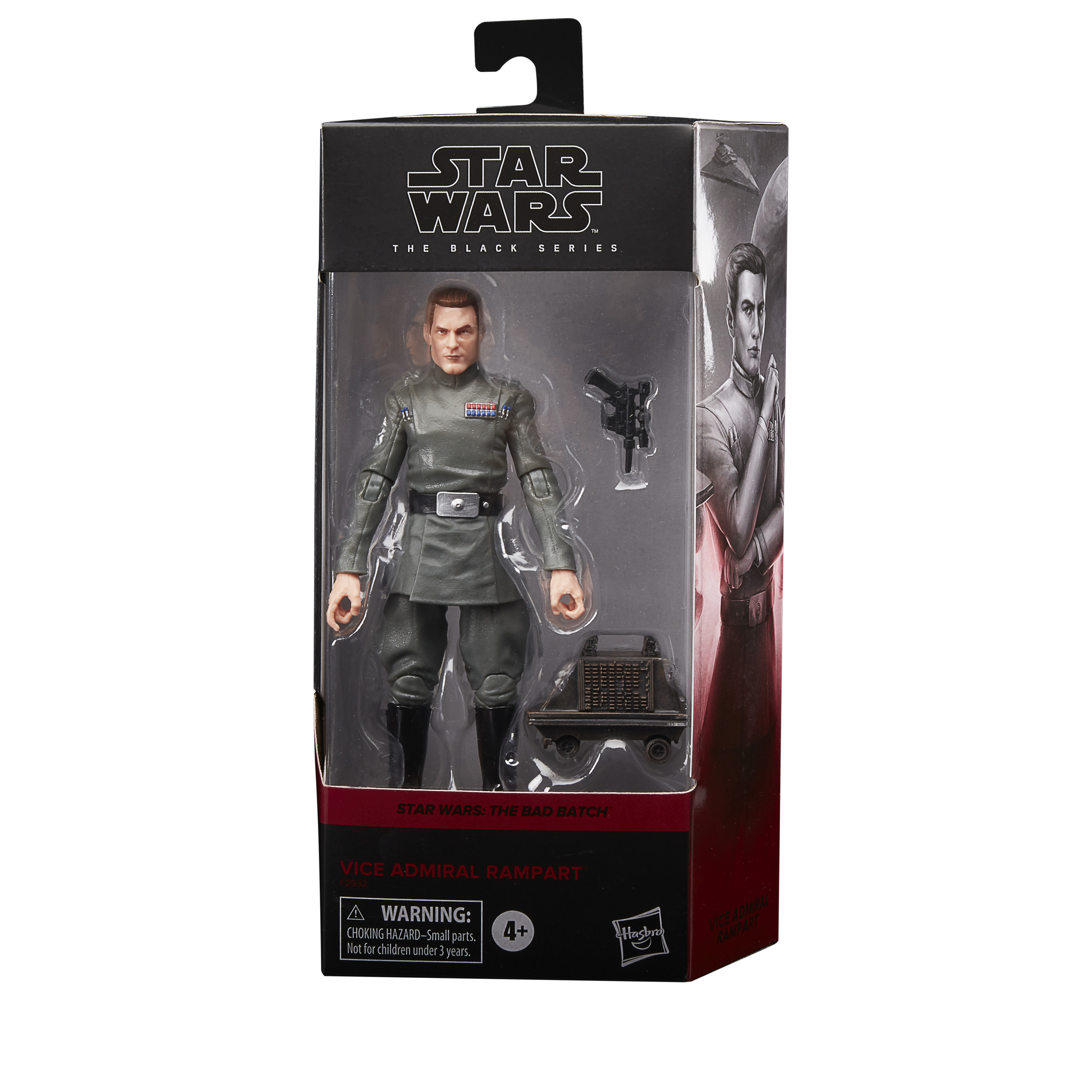 Star Wars Actionfigur von Vice Admiral Rampart in einer schwarzen Box. Es hat eine Pistole und ein kleines Fahrzeug.