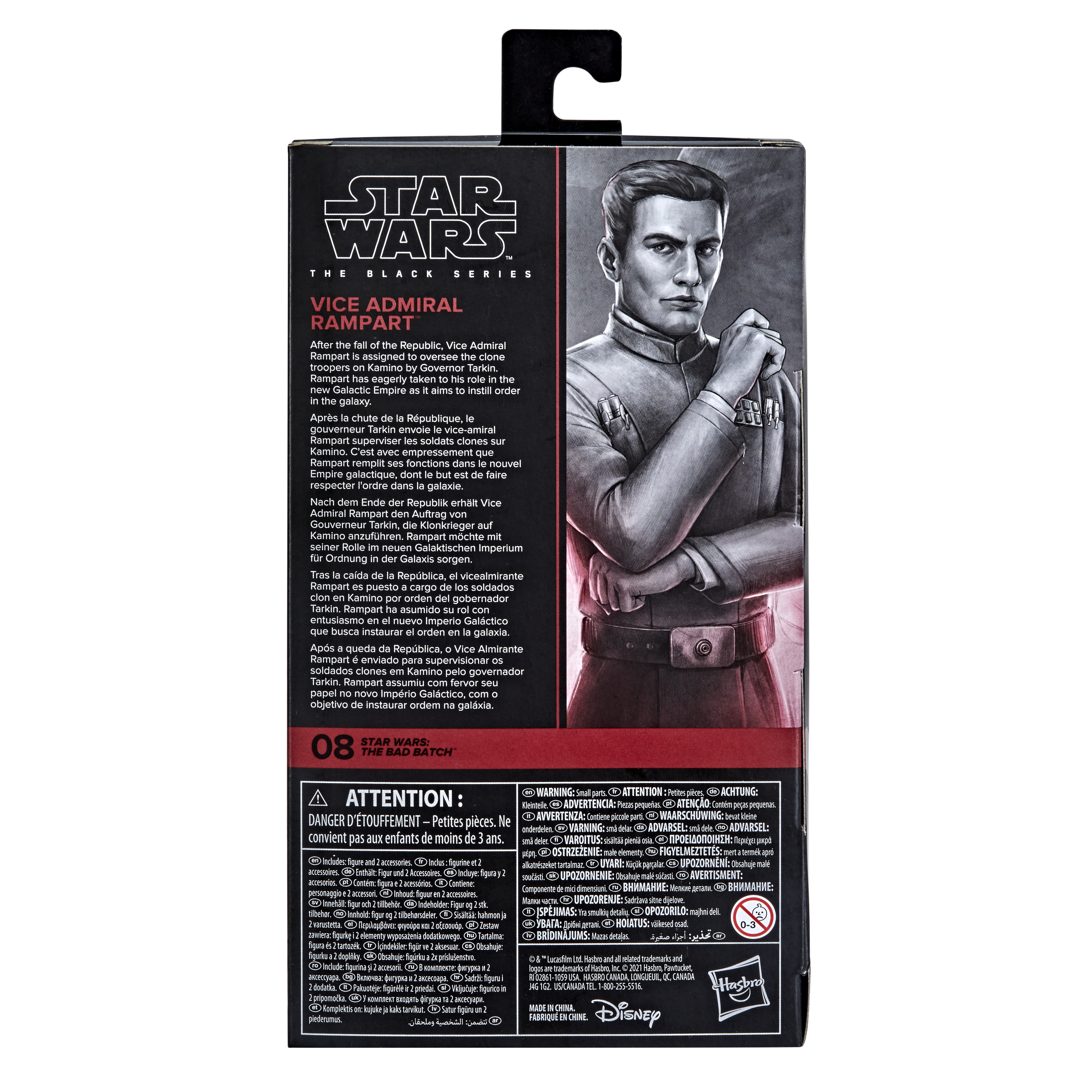 Eine Star Wars-Actionfigurenbox mit Vizeadmiral Rampart. Die Box ist schwarz mit Text und einem Bild der Figur.
