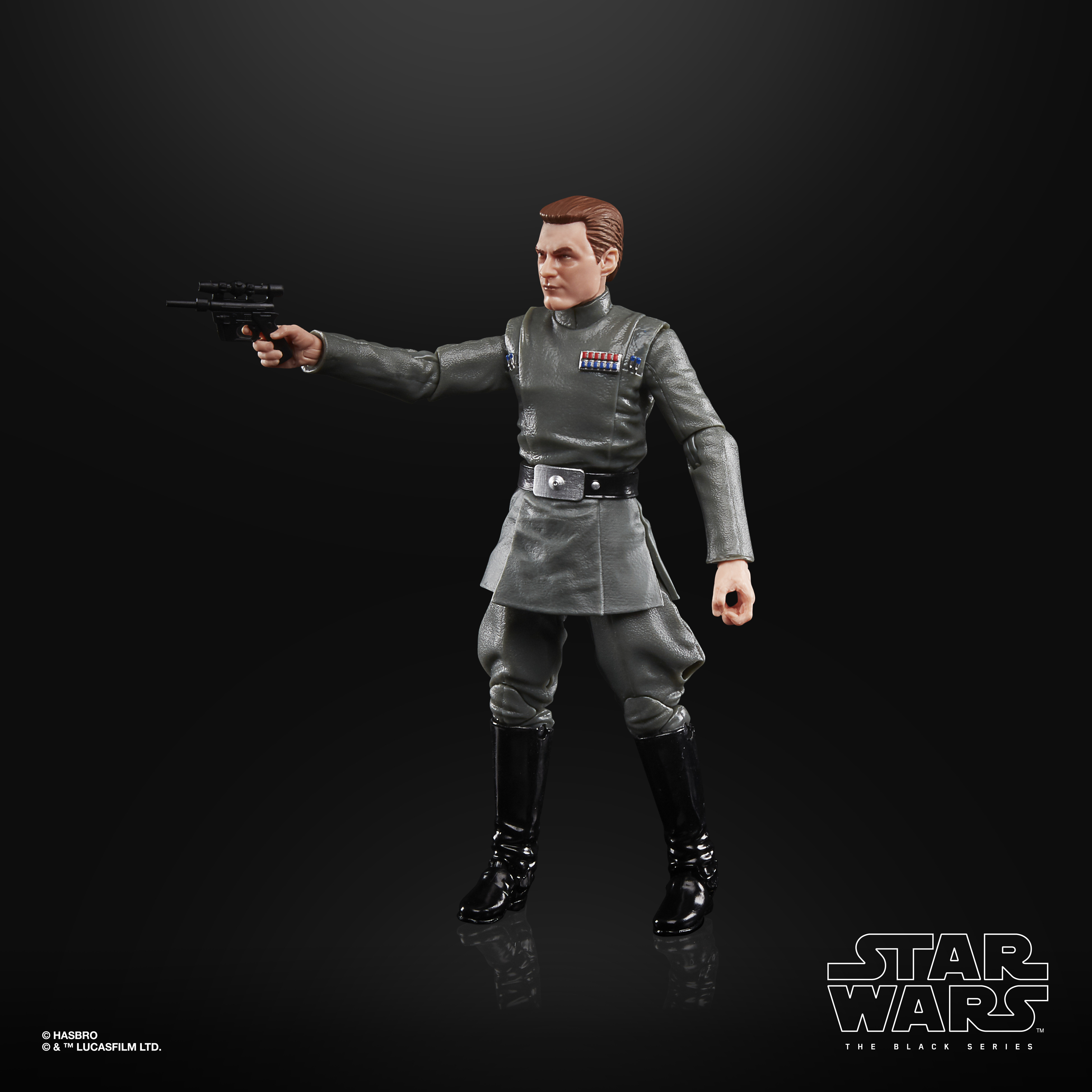 Figur eines Mannes in grauer Uniform mit einer Pistole, schwarze Stiefel. Star Wars-Logo unten.