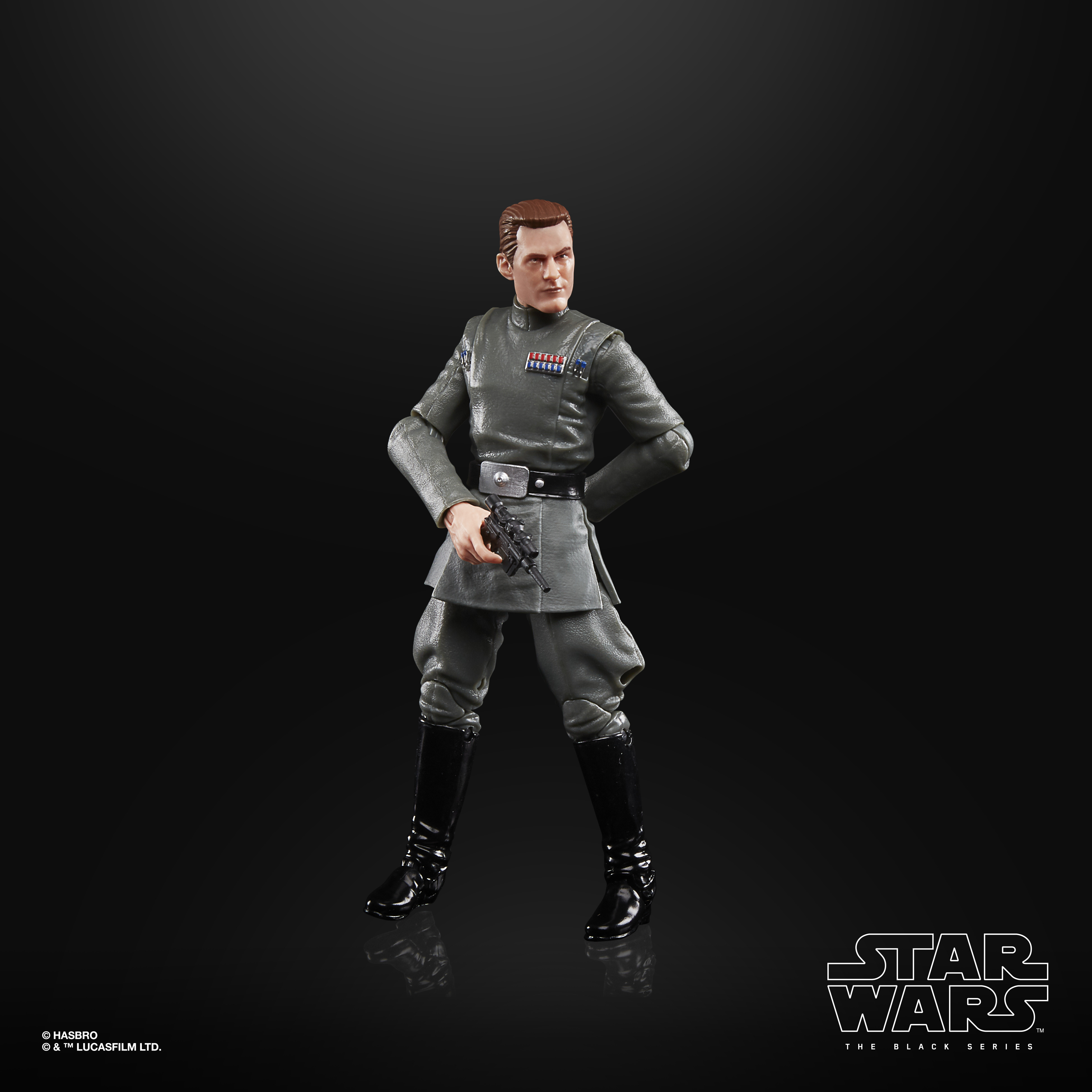 Figur eines Mannes in grauer Uniform mit einer Waffe. Schwarze Stiefel und Hose. Schwarzer Hintergrund. Star Wars Logo.