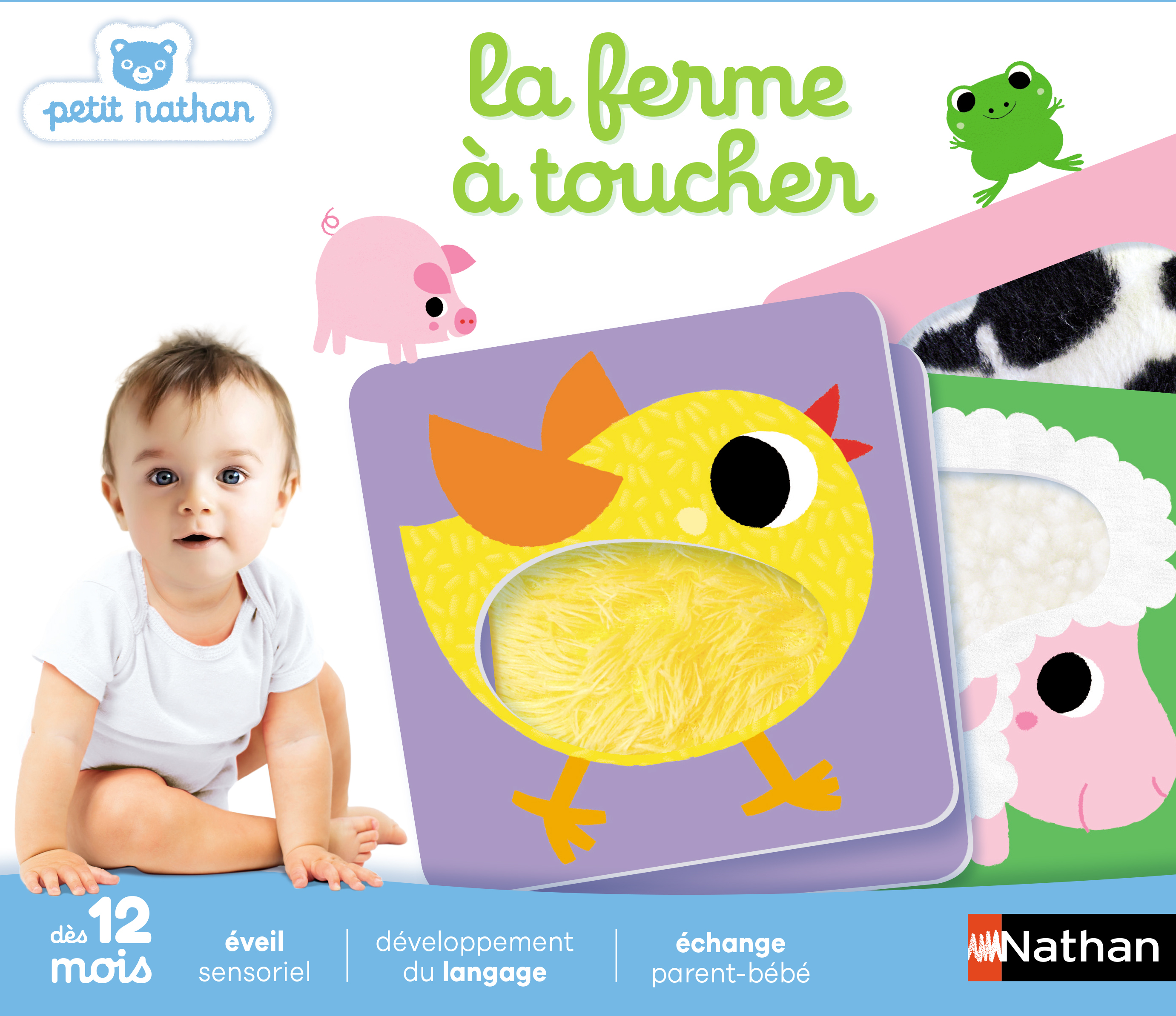 Ein Baby betrachtet ein Fühlbuch mit Illustrationen von Bauernhoftieren. Enthält ein Küken, ein Schwein, einen Frosch und ein Schaf.