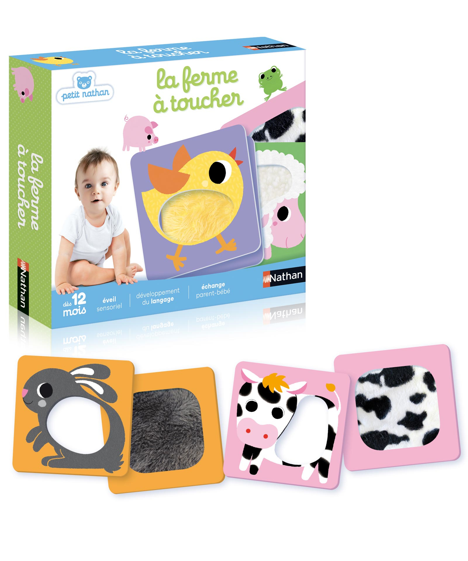 Ein Baby schaut in die Kamera. Bauernhoftierkarten mit strukturierten Oberflächen. Die Box sagt 'La ferme a toucher'.
