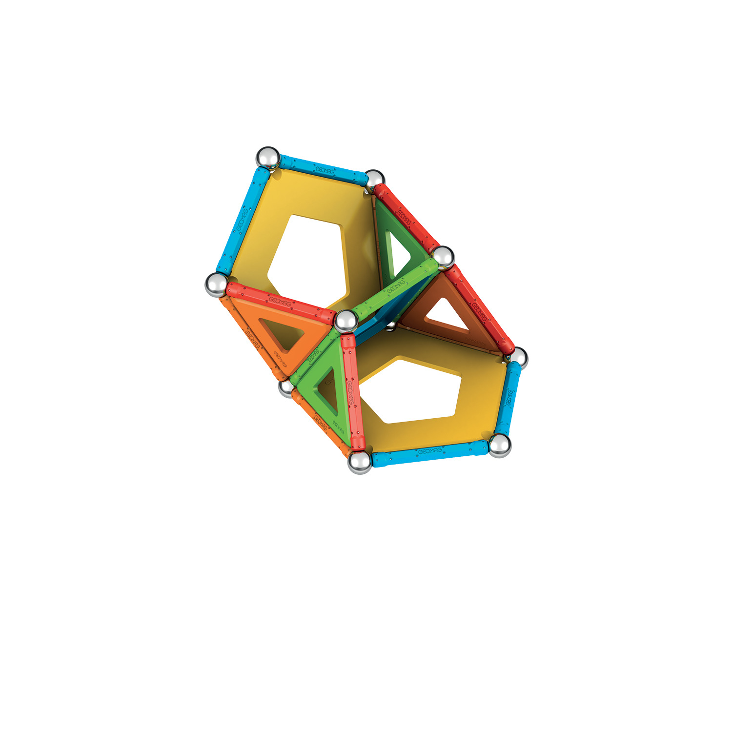 Eine farbenfrohe geometrische Struktur aus verbundenen Stäben und Kugeln. Sie hat gelbe, blaue, rote und grüne Elemente und befindet sich auf weißem Hintergrund.