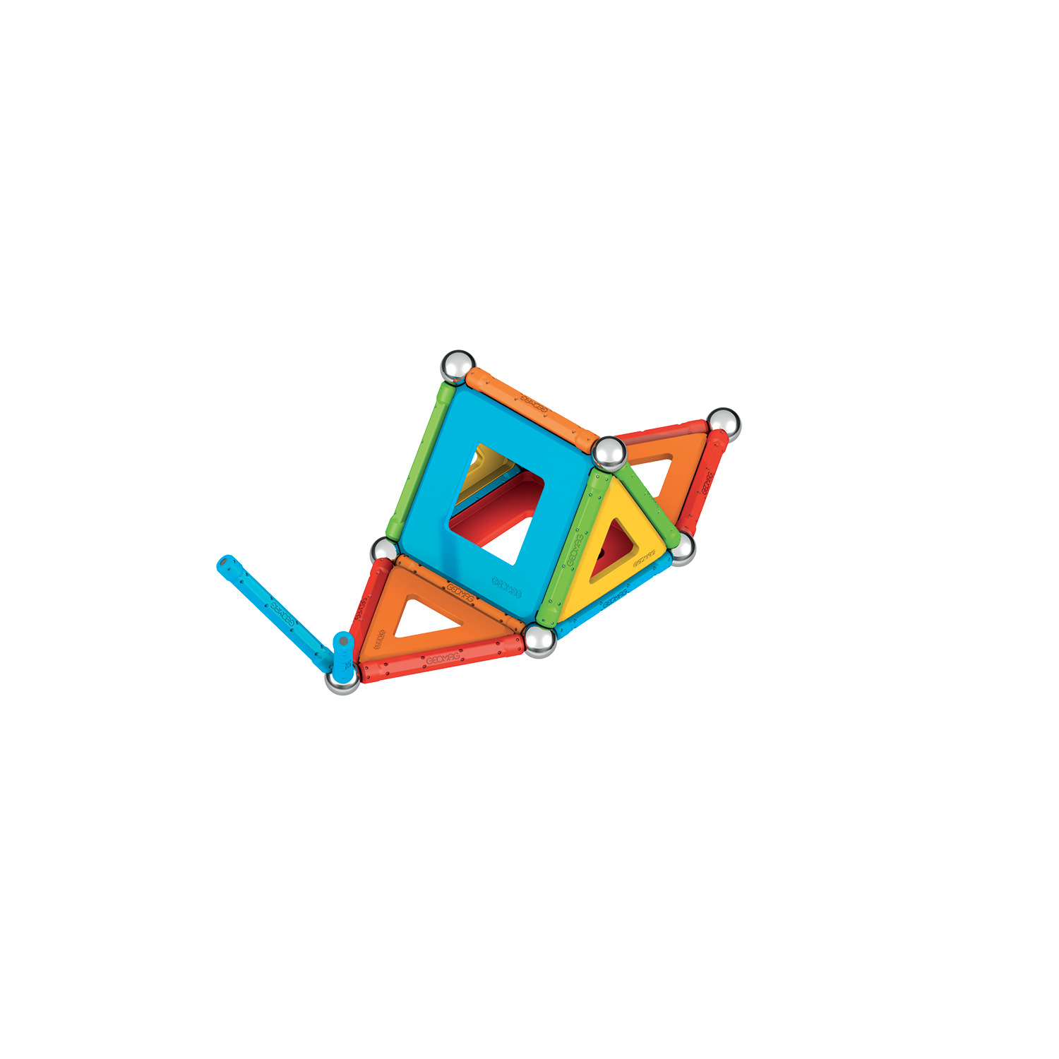 Eine farbenfrohe geometrische Struktur aus Dreiecken und Quadraten. Farben sind Blau, Grün, Orange und Rot. Silberkugeln verbinden die Formen.