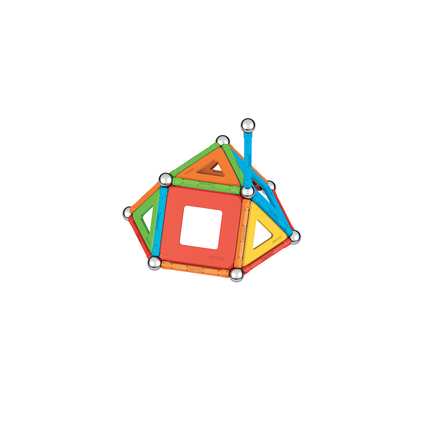 Eine bunte geometrische Struktur aus verschiedenen Formen und Farben wie Orange, Grün, Gelb und Blau, verbunden durch silberne Kugeln.