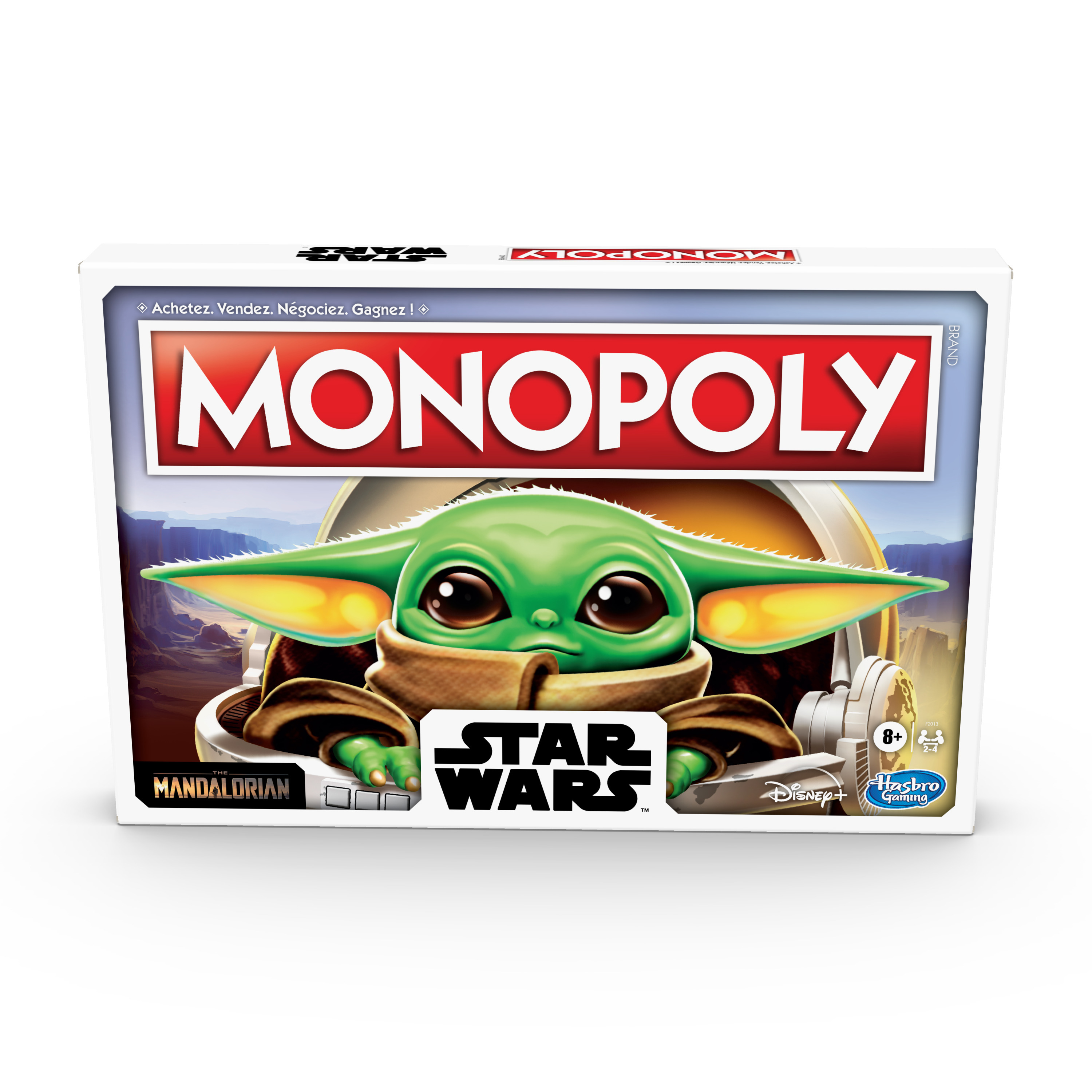 Pudełko gry planszowej Monopoly Star Wars. Baby Yoda jest z przodu. Logo mówi Monopoly i Star Wars.