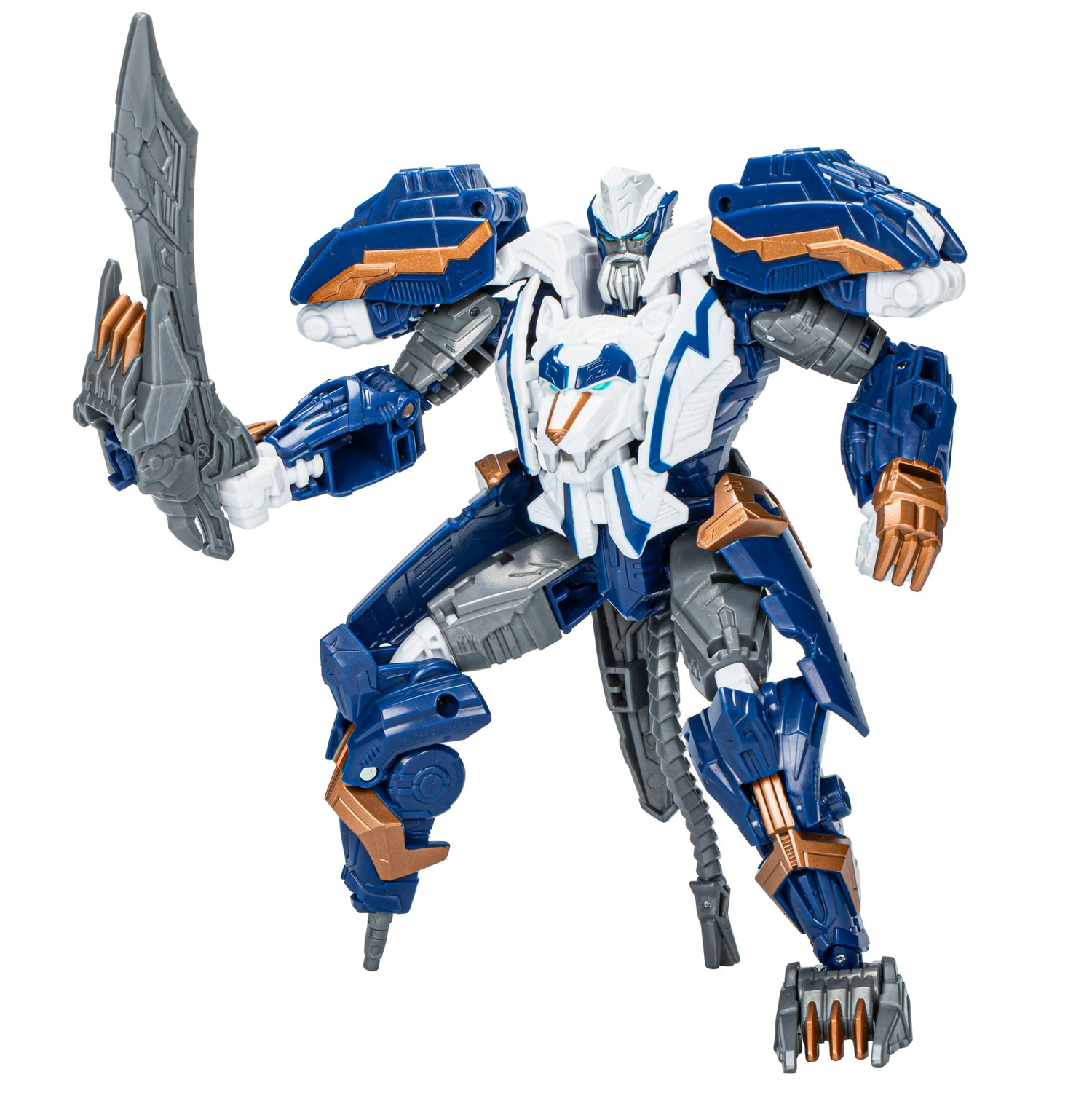 Un giocattolo robot blu e bianco con una spada, in posa dinamica su sfondo bianco.