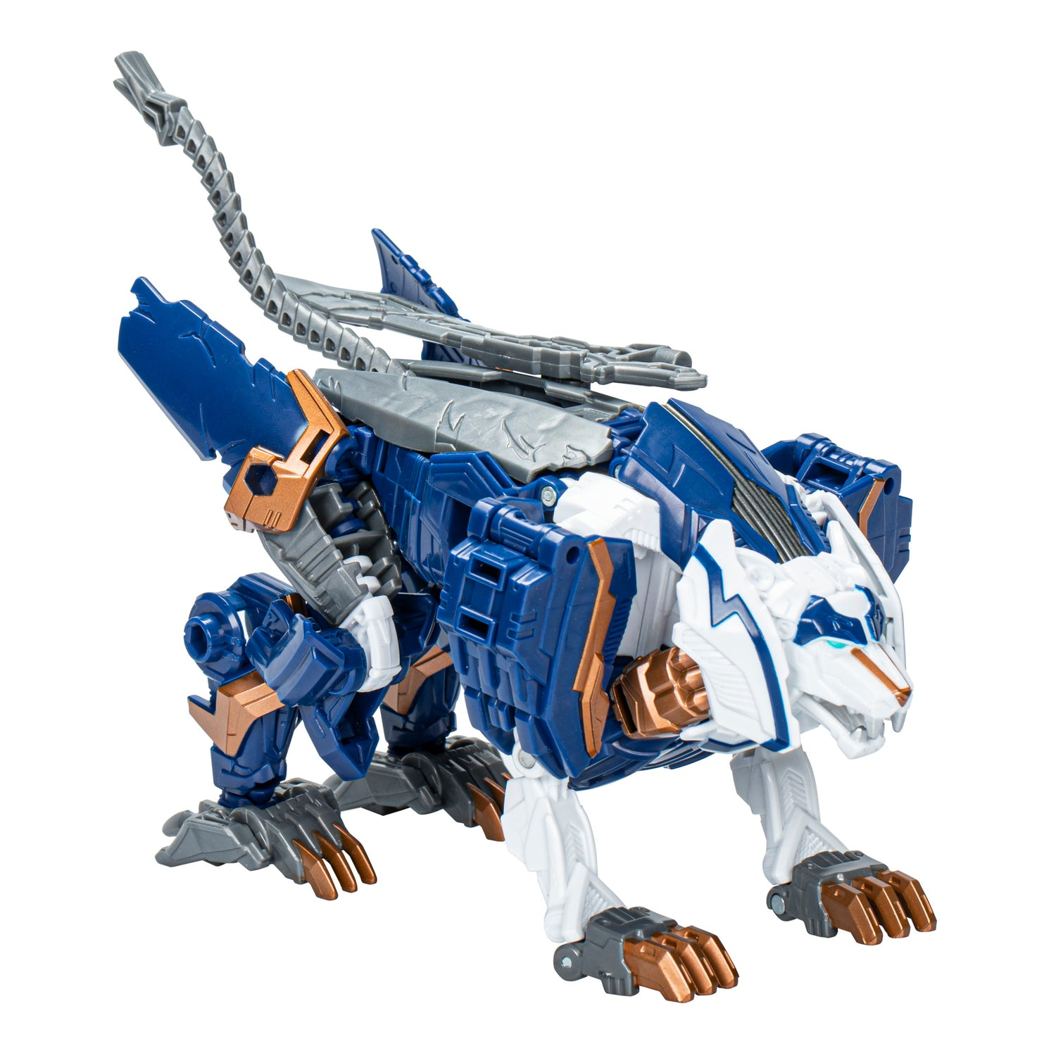 Un giocattolo a forma di leone robotico blu e bianco. Ha accenti dorati e grigi. La coda è segmentata. Il giocattolo è su sfondo bianco.