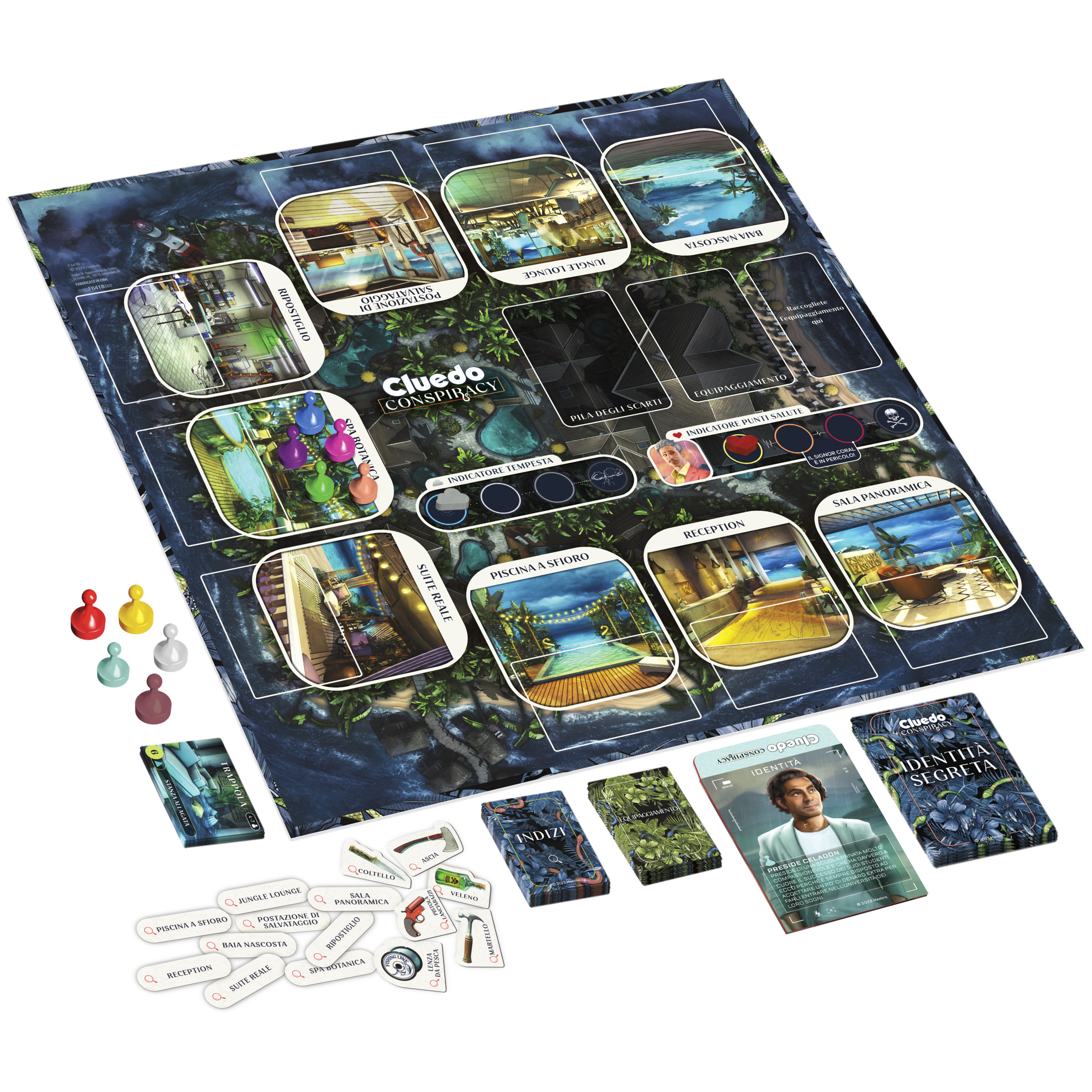 Cluedo-Brettspiel mit Räumen, Karten und Spielsteinen. Enthält ein Spielbrett, Karten und Spielermarker.