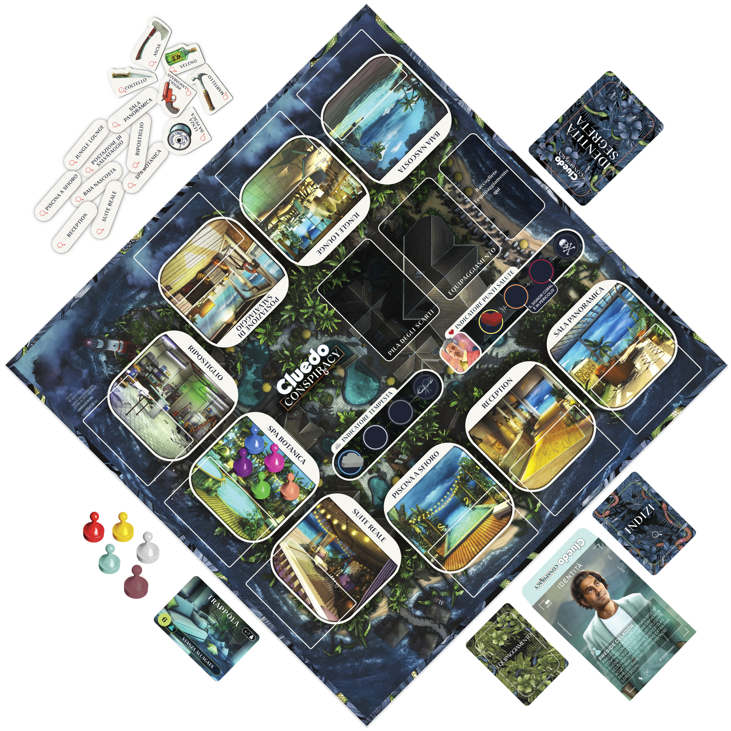 Cluedo-Brettspiel mit Räumen, Hinweisen und Charakterkarten. Inklusive Würfel und Spielfiguren.