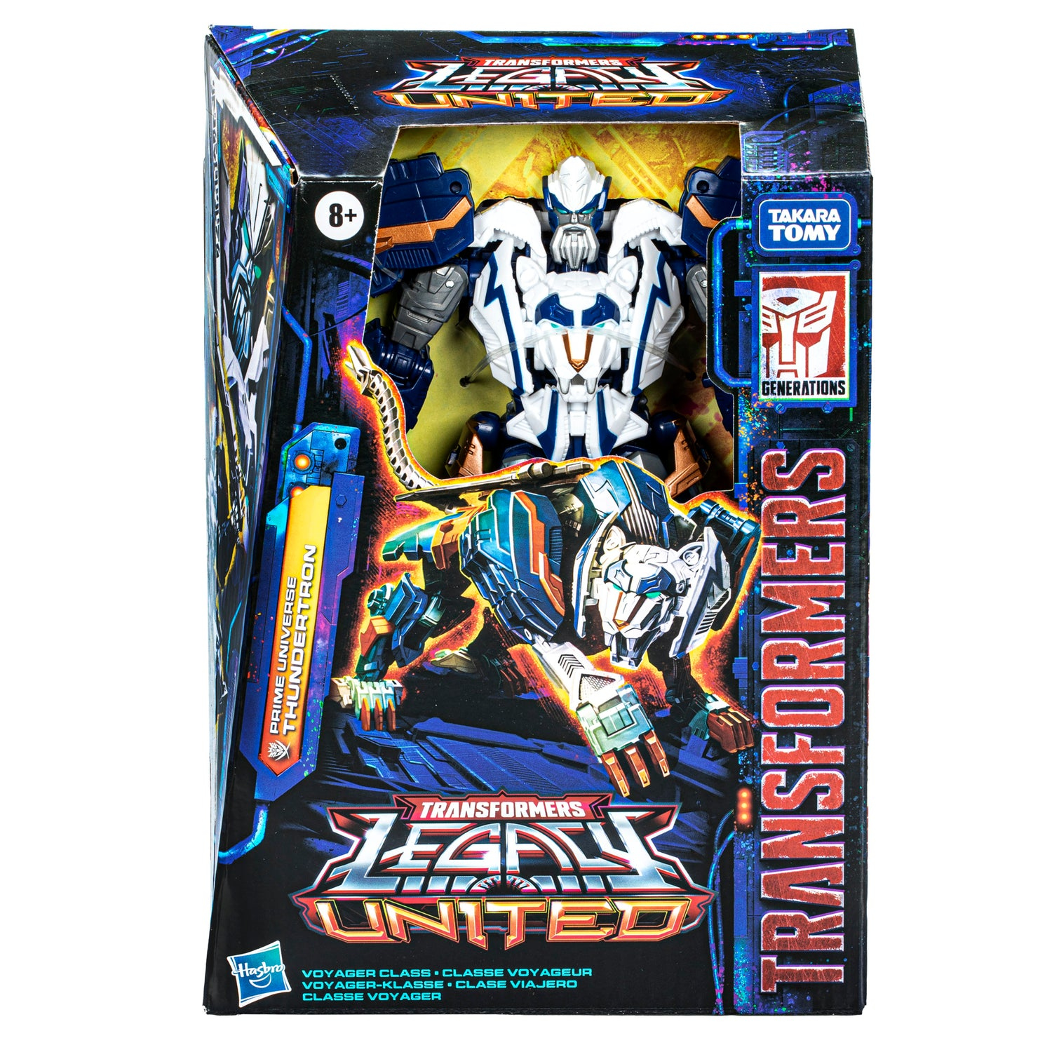 Un giocattolo Transformers Legacy United in una scatola. Il robot è bianco e blu. La scatola presenta il logo e il testo Transformers.