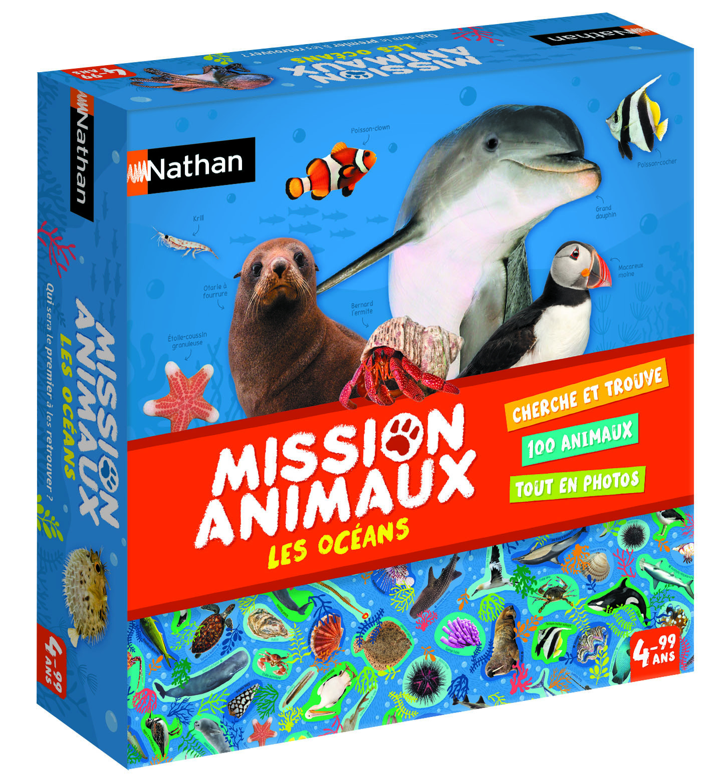 Grafika na pudełku: delfin, błazenek, maskonur, foka, krab pustelnik i rozgwiazda. Tekst: Mission Animaux Les Oceans, Cherche et Trouve, 100 Animaux.