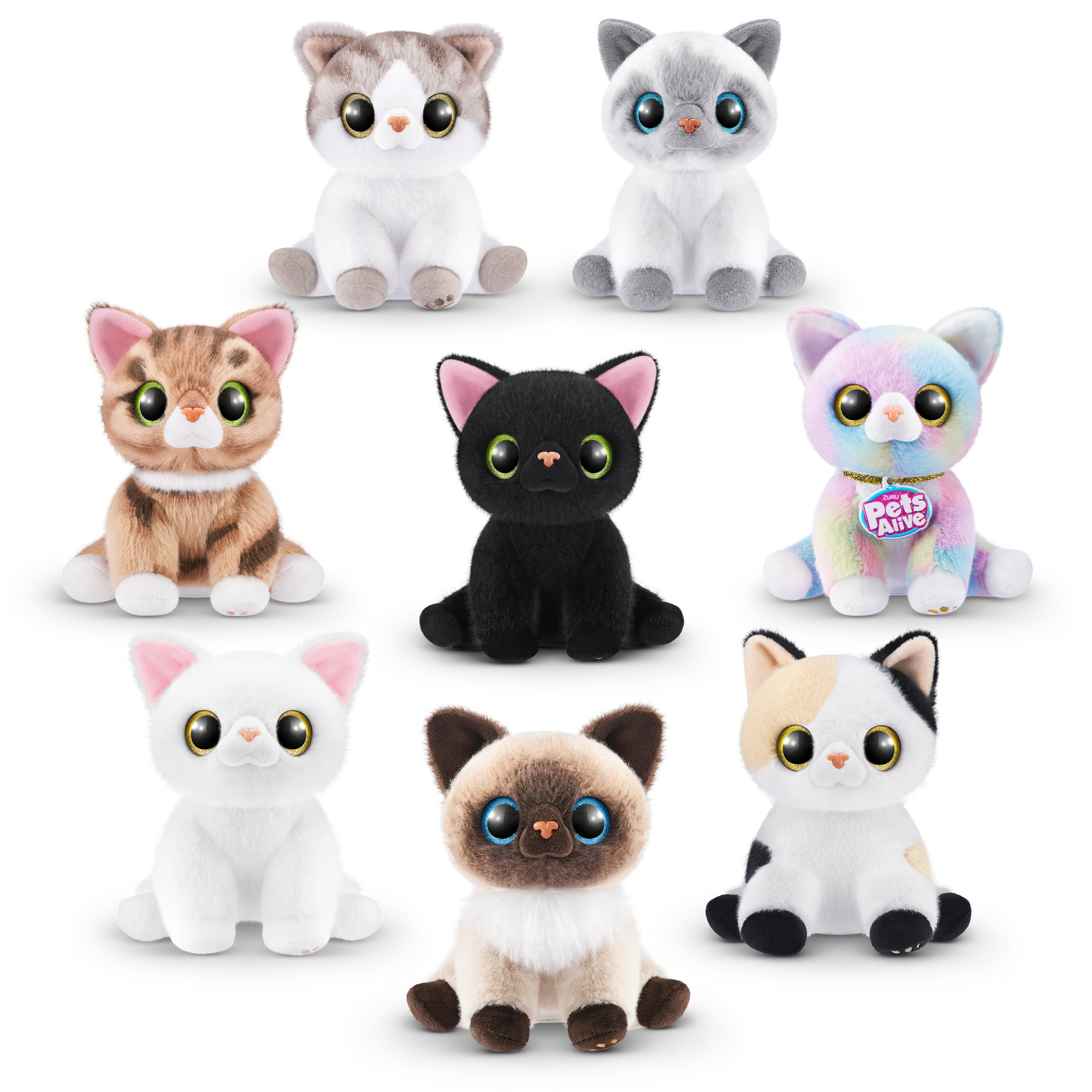 Nove giocattoli di gatto di peluche con grandi occhi in diversi colori e motivi, seduti su sfondo bianco.
