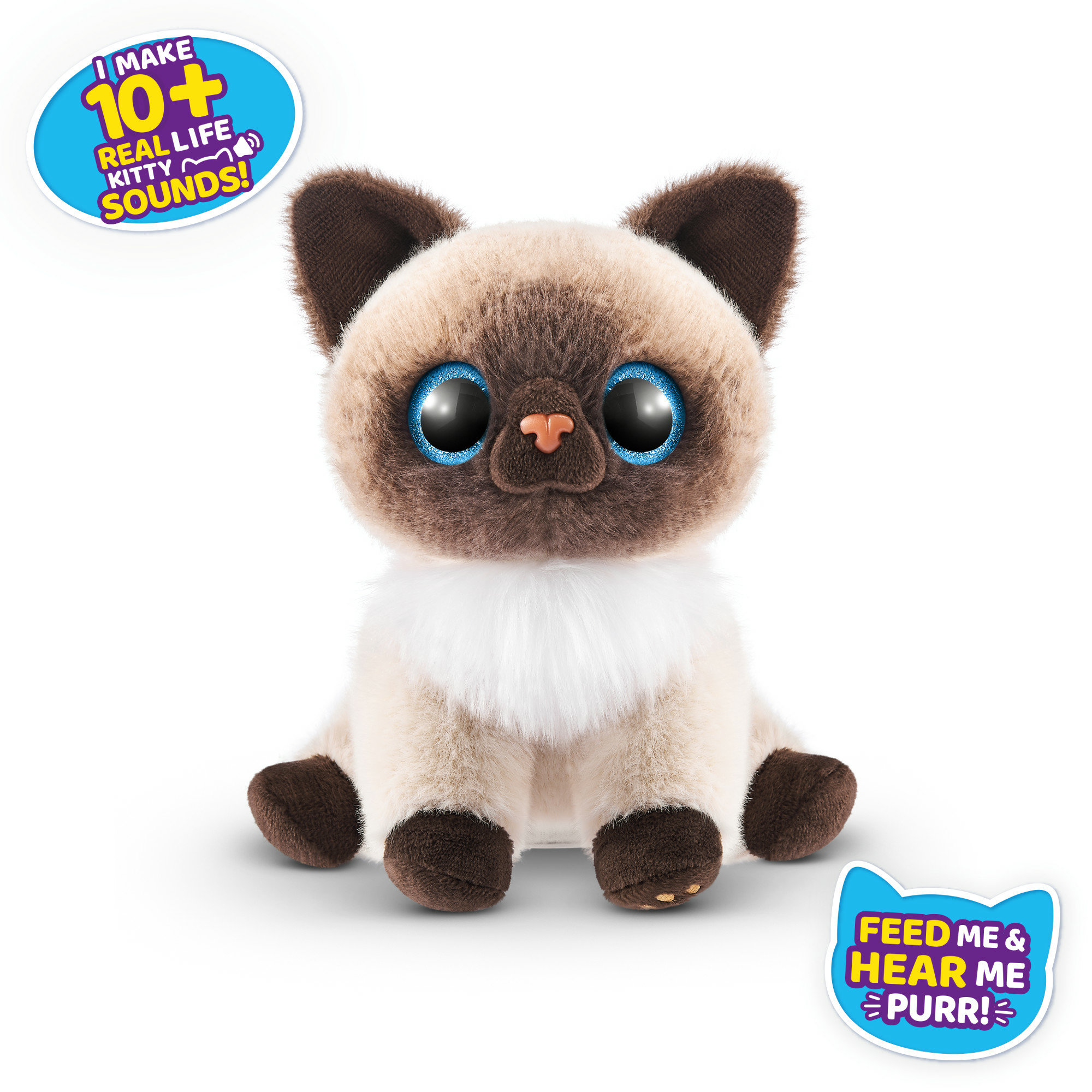 Un gatto siamese di peluche con occhi blu e segni marroni, seduto su una superficie bianca. Ha due fumetti.