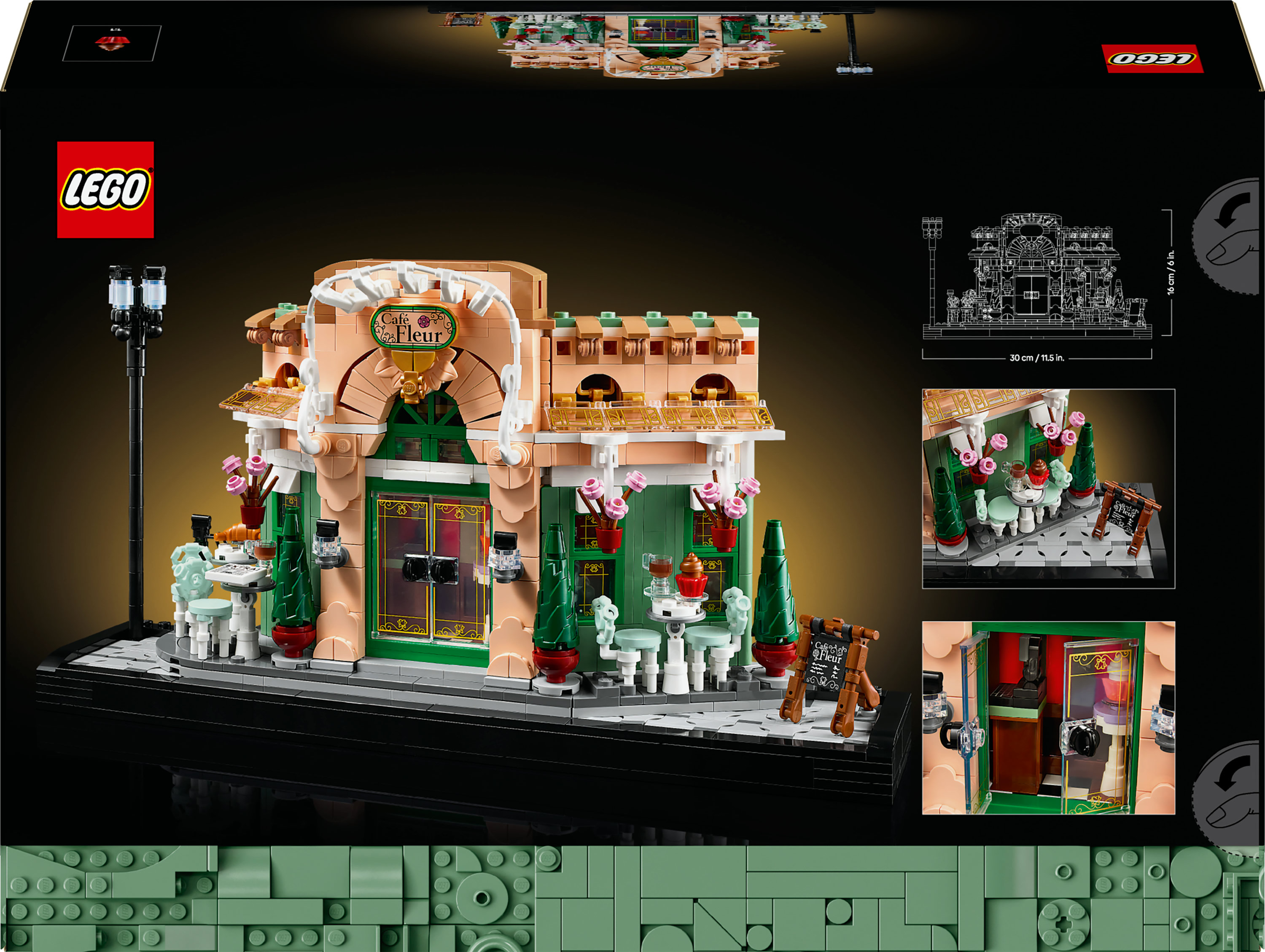 Set LEGO Cafe Fleur. Un edificio con letrero de café, mesas, sillas y flores. Fondo oscuro.