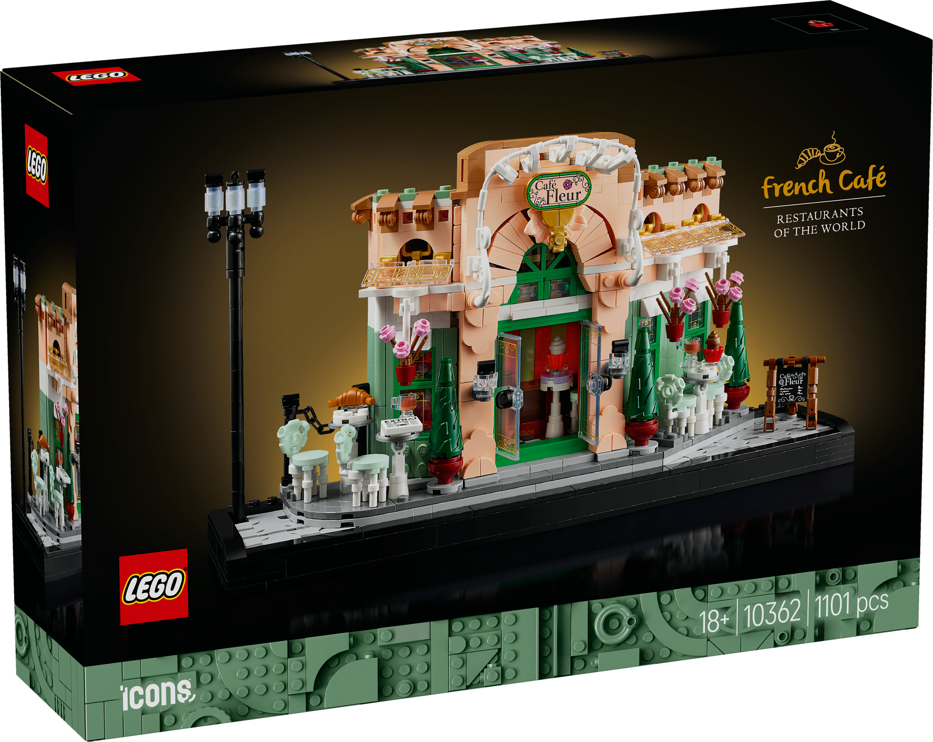 Una caja de Lego muestra un juego de construcción de un café francés. El café tiene paredes rosas, detalles verdes y un letrero que dice 'Cafe Fleur'.