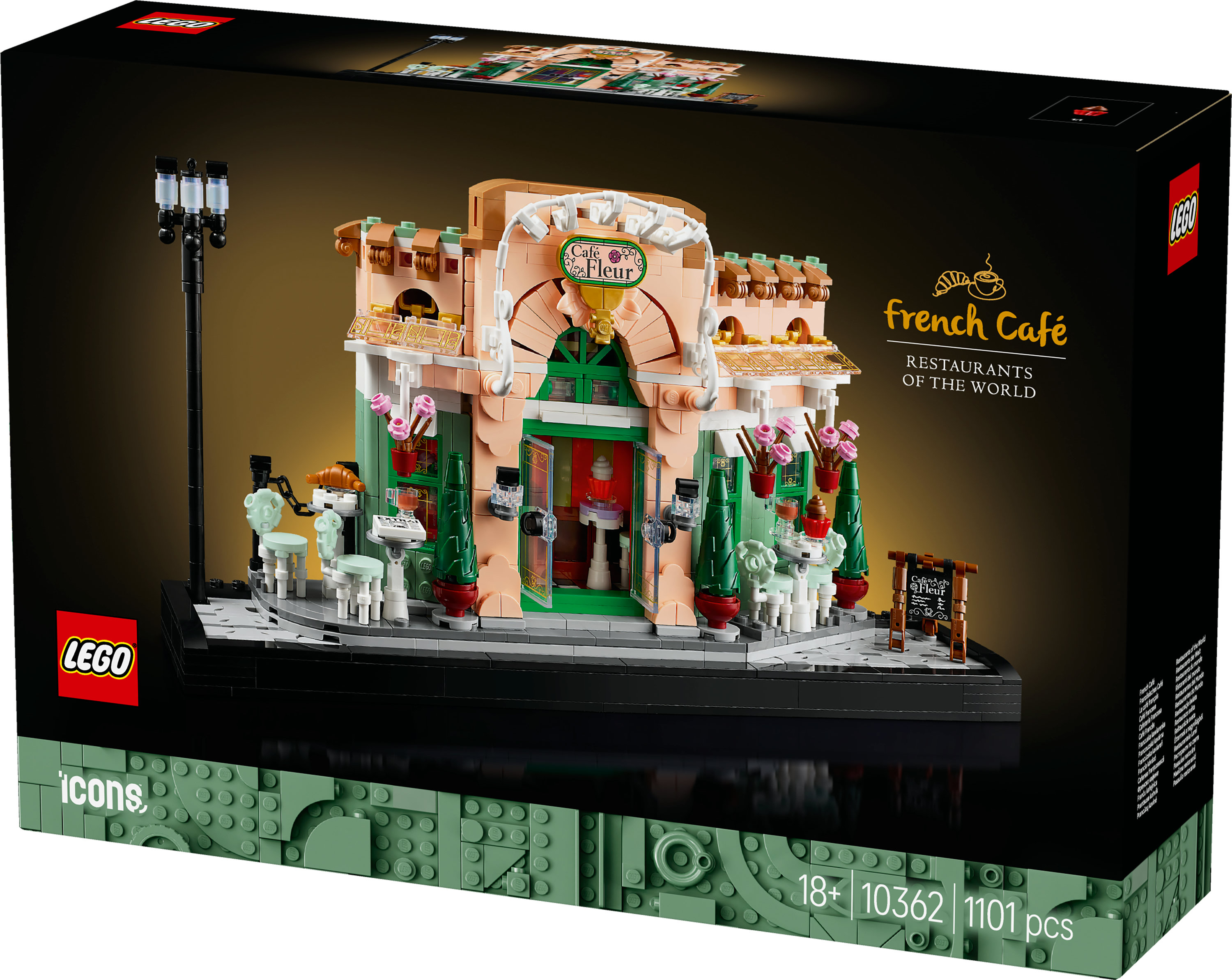 El juego de caja de Lego representa un café francés. Tiene un edificio de café, una farola y un letrero.