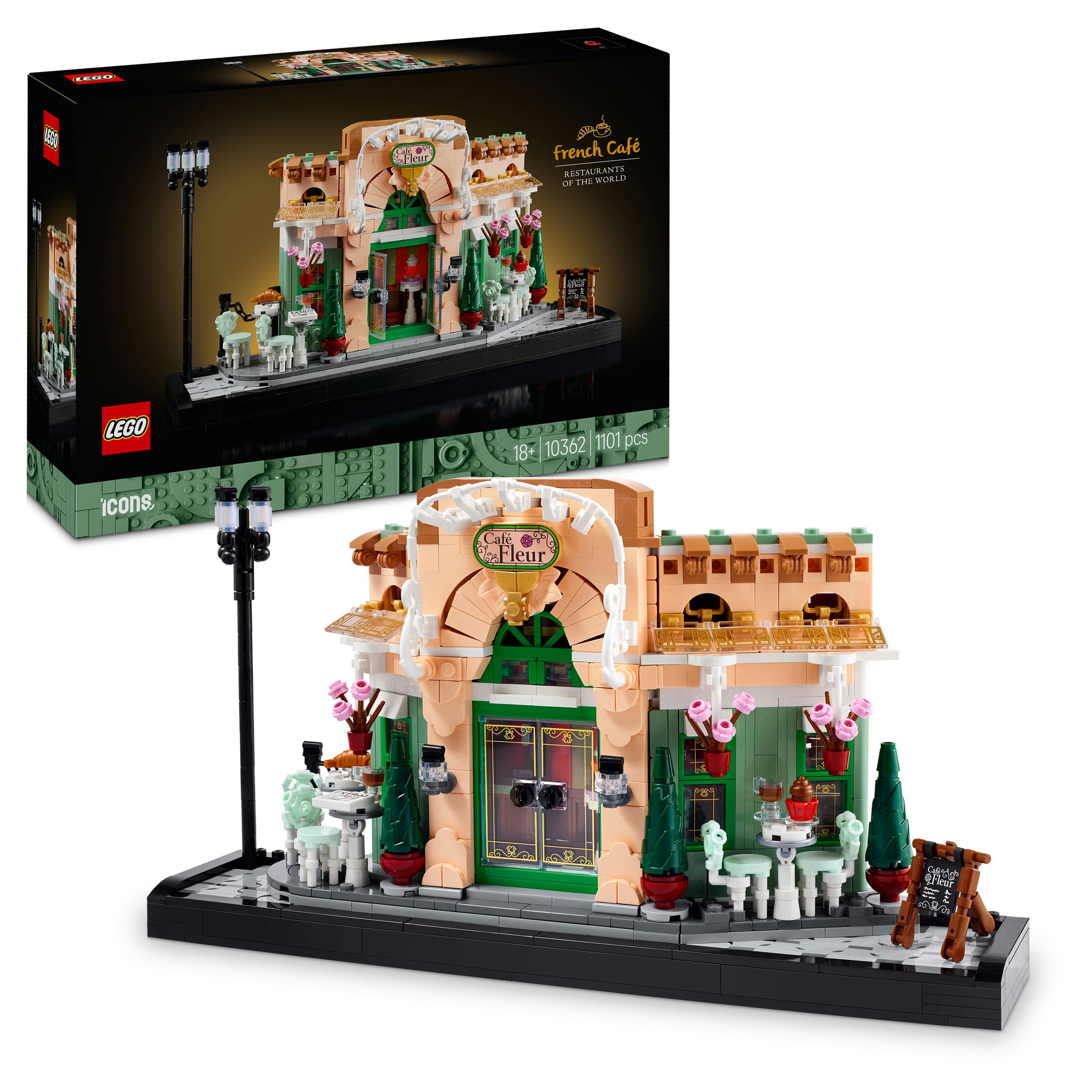 Set Lego French Cafe. El modelo de café tiene una fachada verde y beige, con una base negra. Una farola está al lado.