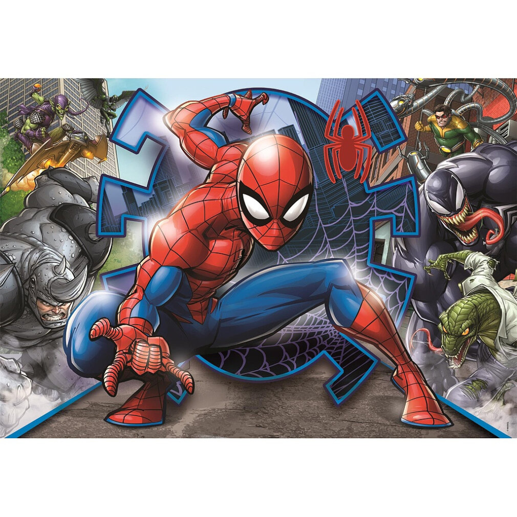 Spider-Man s'agenouille, entouré de méchants, dans un design de pièce de puzzle avec des détails de toile d'araignée et un symbole d'araignée rouge.
