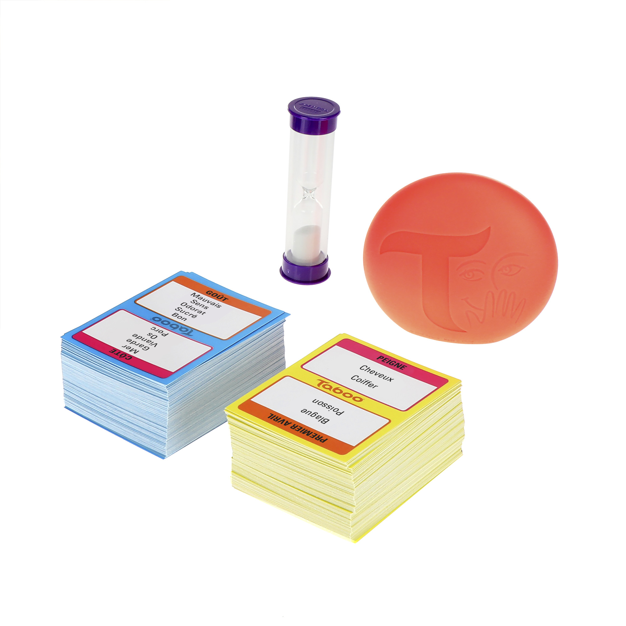 Taboo bordspel met kaarten, timer en een rode hoes met een hand over een mond symbool, alles op wit.