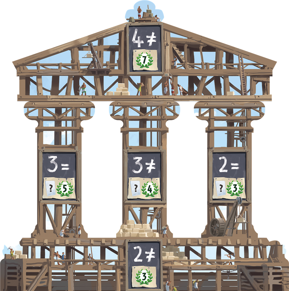 Illustrazione di una struttura in legno con equazioni matematiche su lavagne. Gli operai stanno costruendo. Vengono visualizzati numeri e simboli.