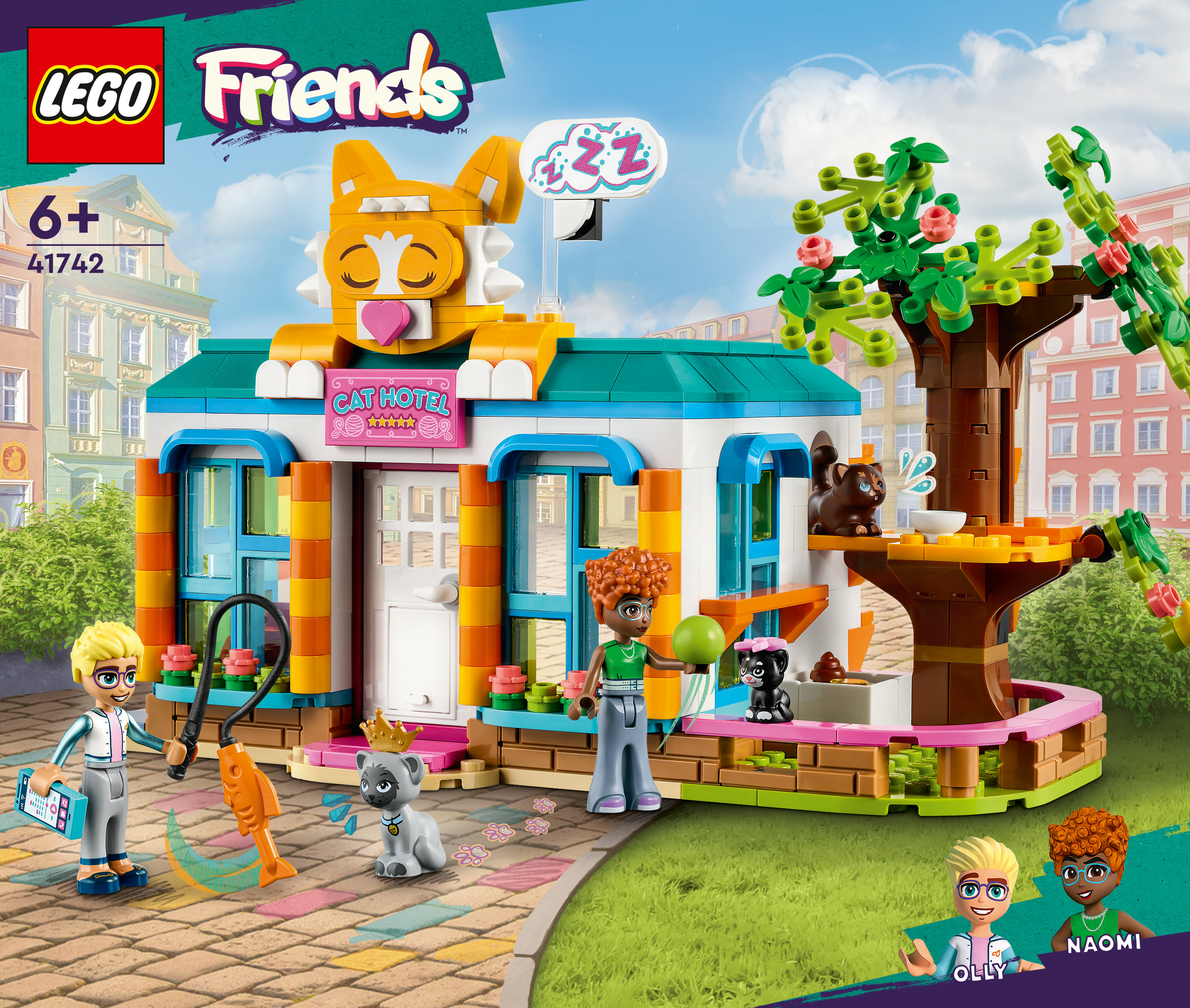 Zestaw LEGO Friends z hotelem dla kotów, figurkami, kotami i drzewem. Jasne kolory i szczegółowy design.