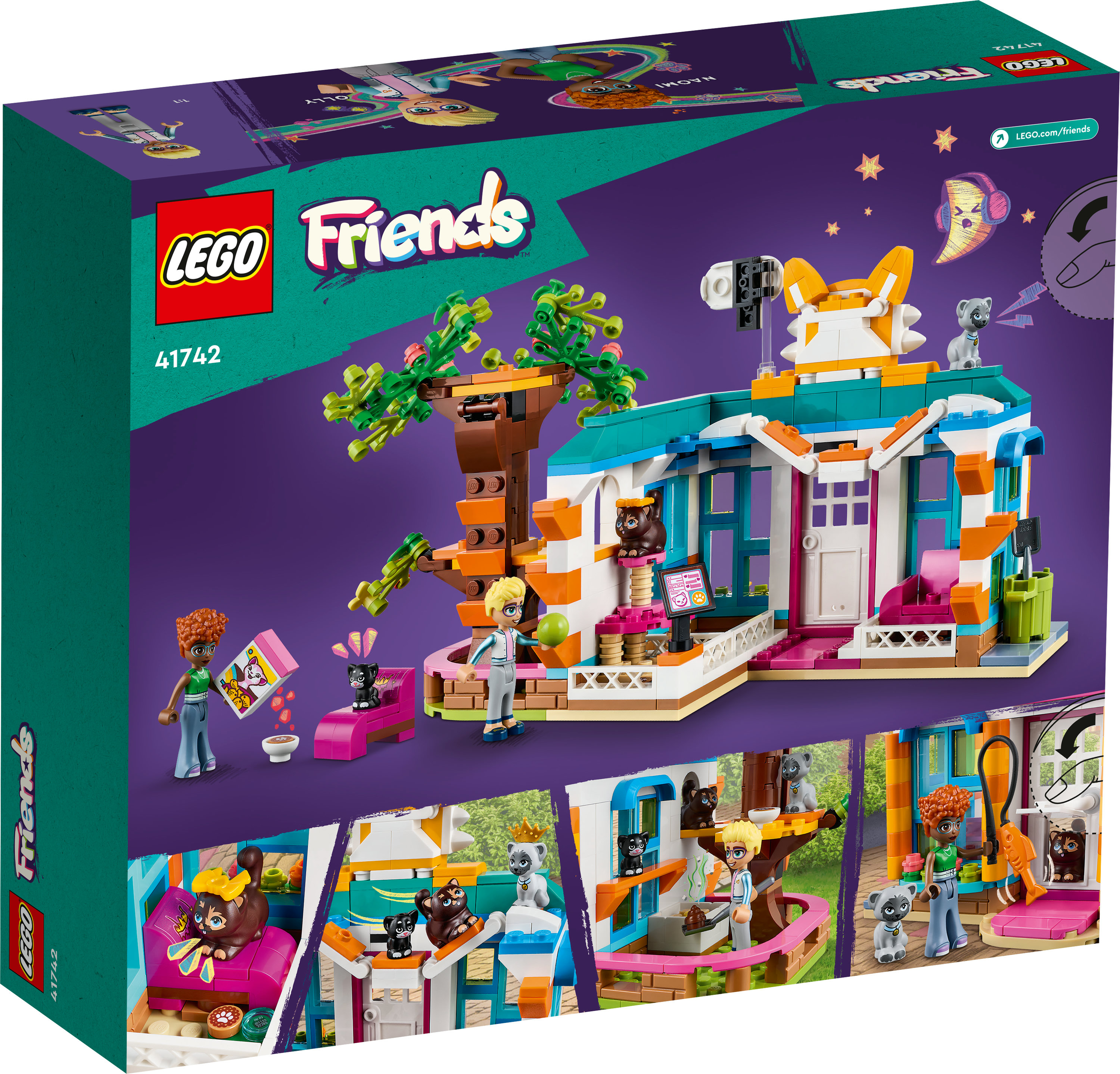 Pudełko zestawu Lego Friends. Pokazuje budynek z figurkami i zwierzętami. Tło to fioletowy gradient.